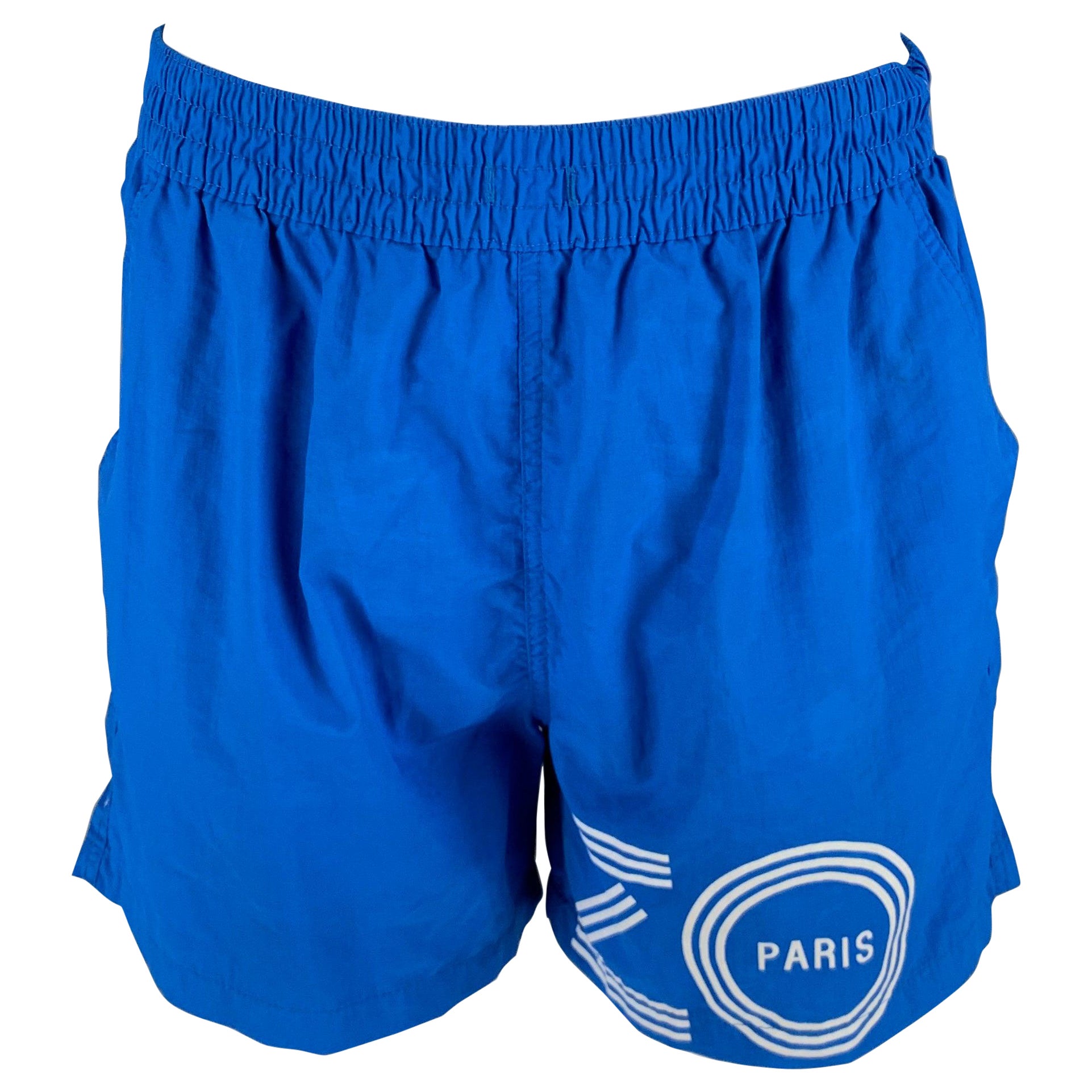 KENZO Size M Blue White Logo Nylon Elastic Waistband Swim Trunks