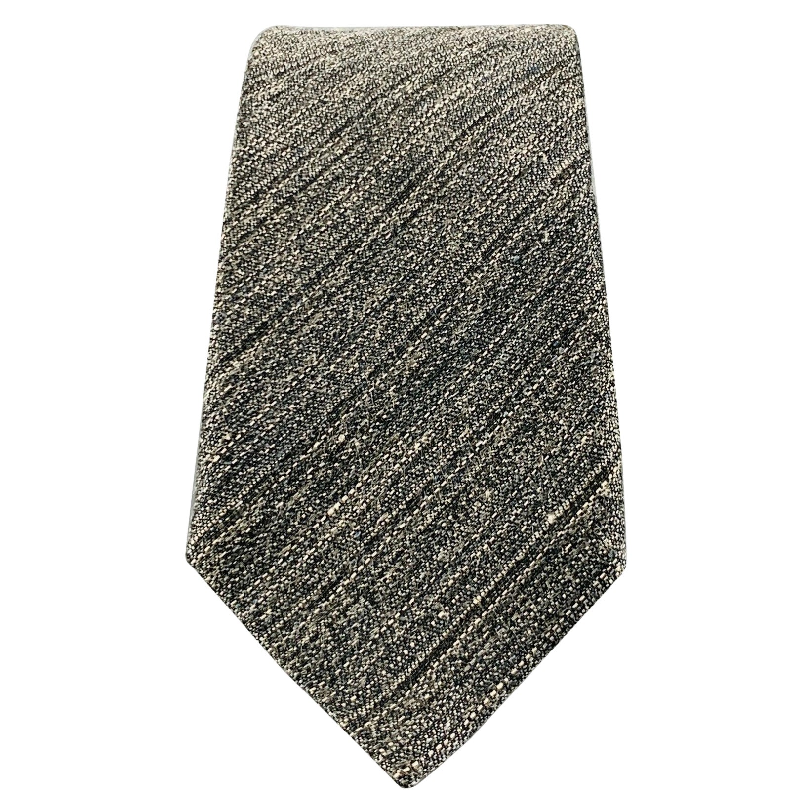 ERMENEGILDO ZEGNA Grey White Diagonal Stripe Linen Silk Tie For Sale