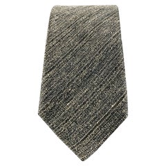 ERMENEGILDO ZEGNA Grey White Diagonal Stripe Linen Silk Tie
