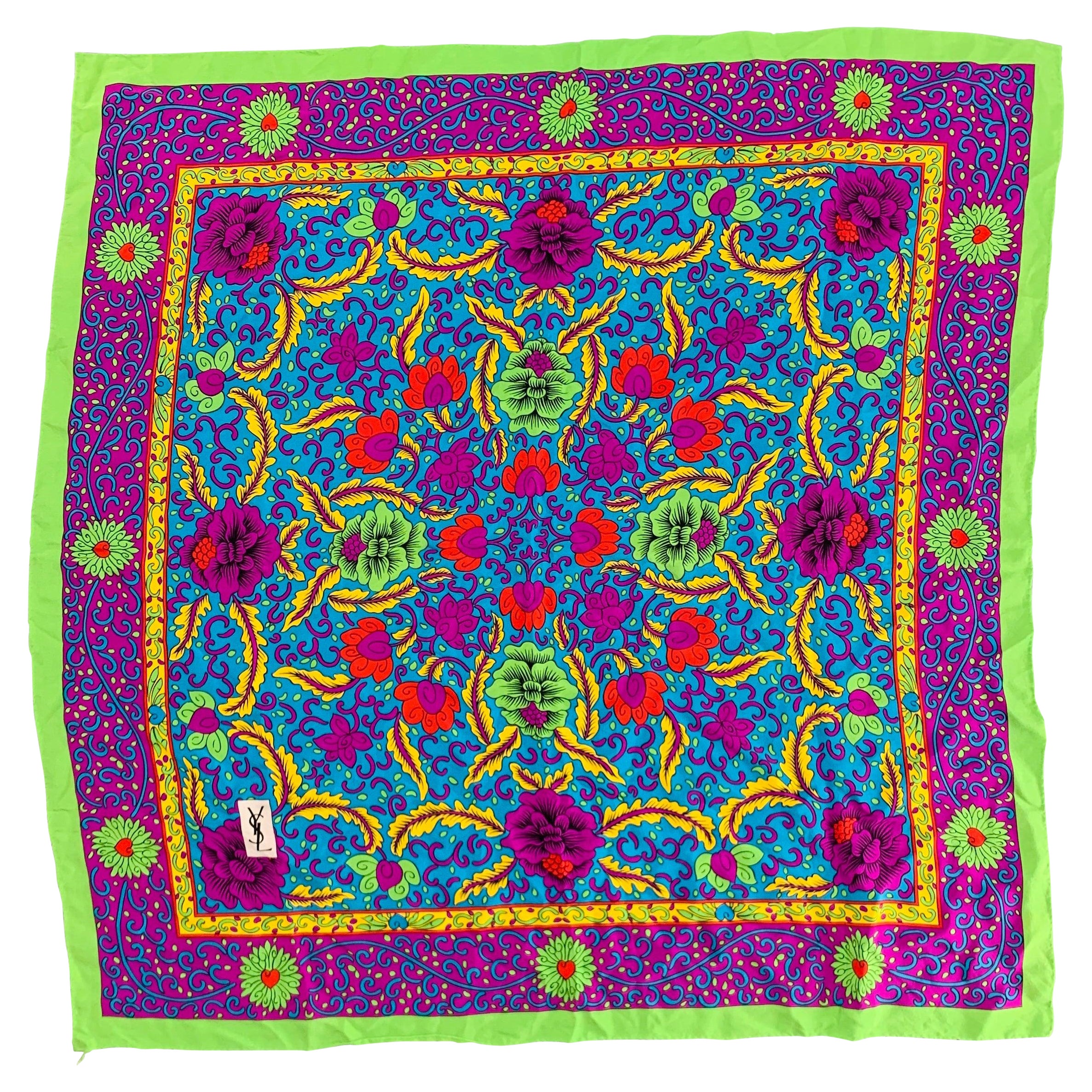 YVES SAINT LAURENT Mehrfarbiger Schal aus Seide mit abstraktem Blumendruck im Angebot
