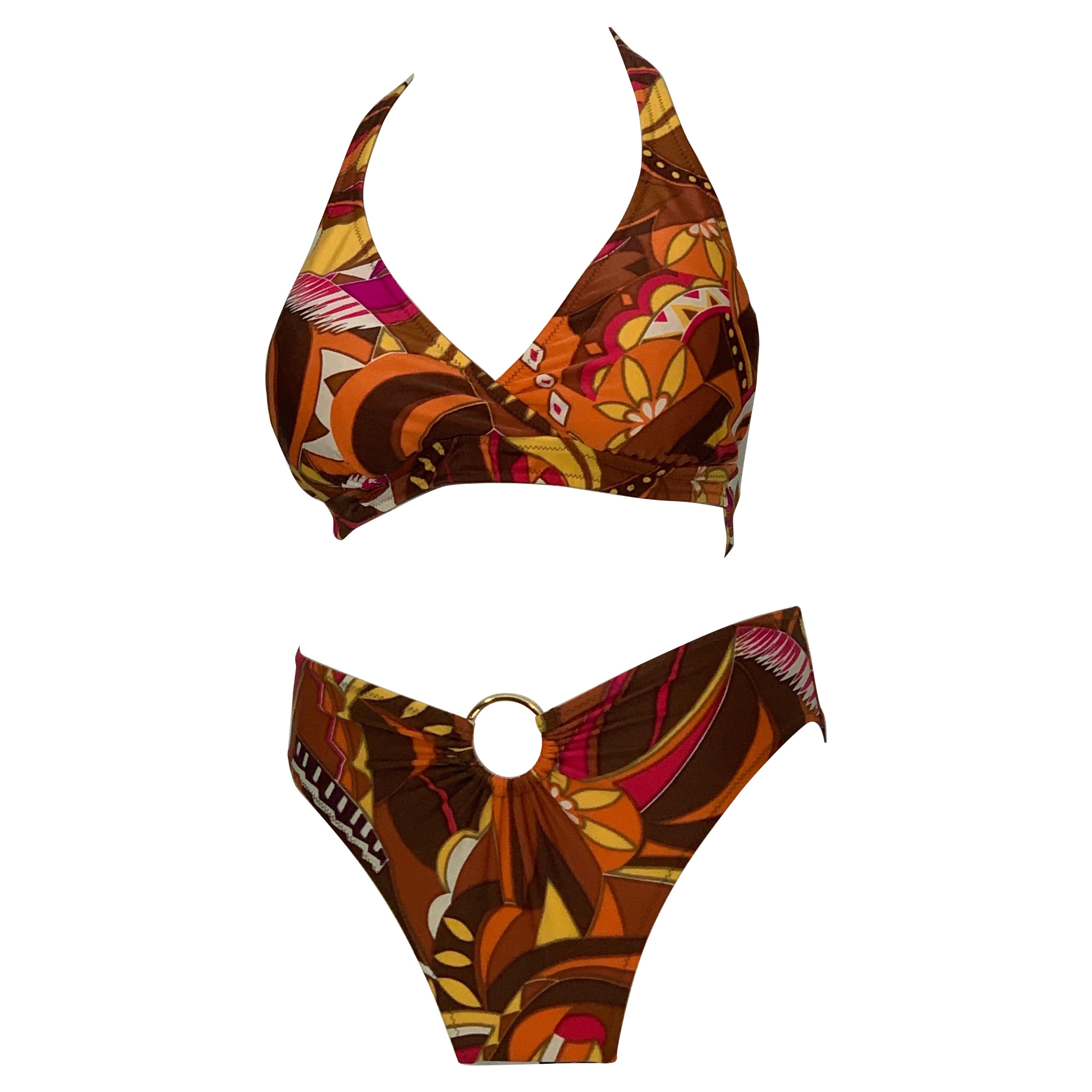 1970s Gottex Stylized Floral 2-Piece Bikini Swimsuit in Brown Copper and Orange For Sale