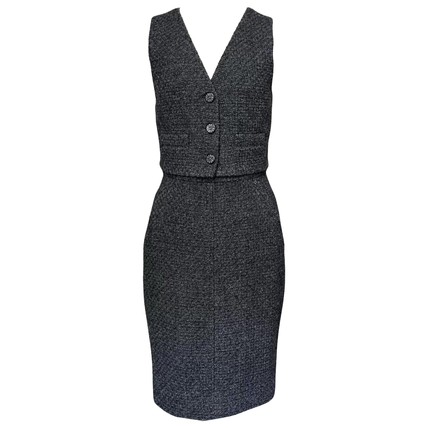 Chanel New CC Buttons Black Tweed Vest and Skirt Ensemble For Sale
