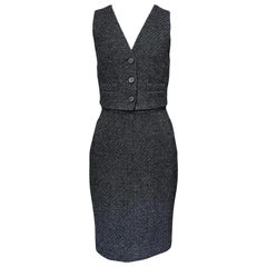 Chanel New CC Buttons Black Tweed Vest and Skirt Ensemble