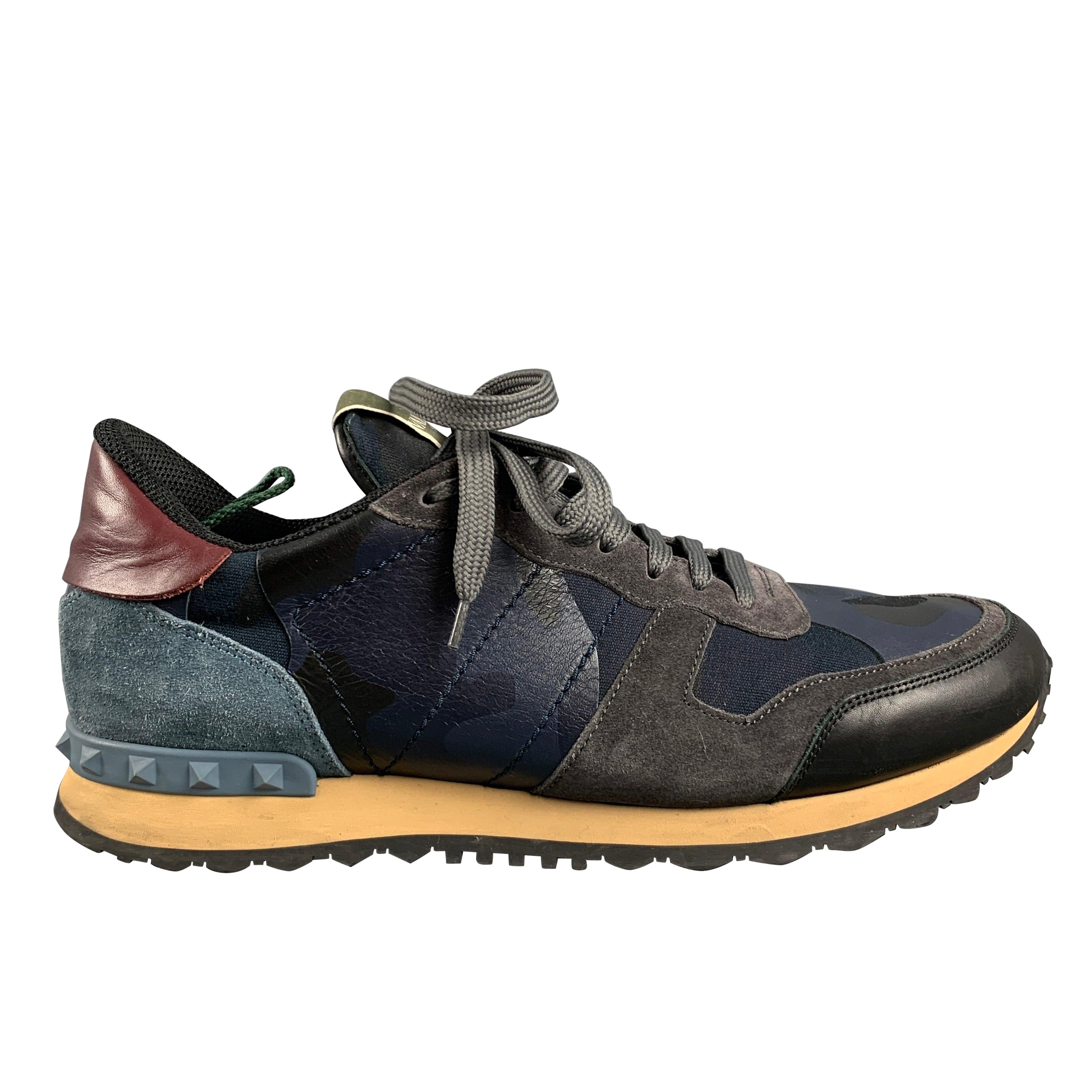 VALENTINO Size 11 Navy Grey Camo Leather Low Top Sneakers For Sale