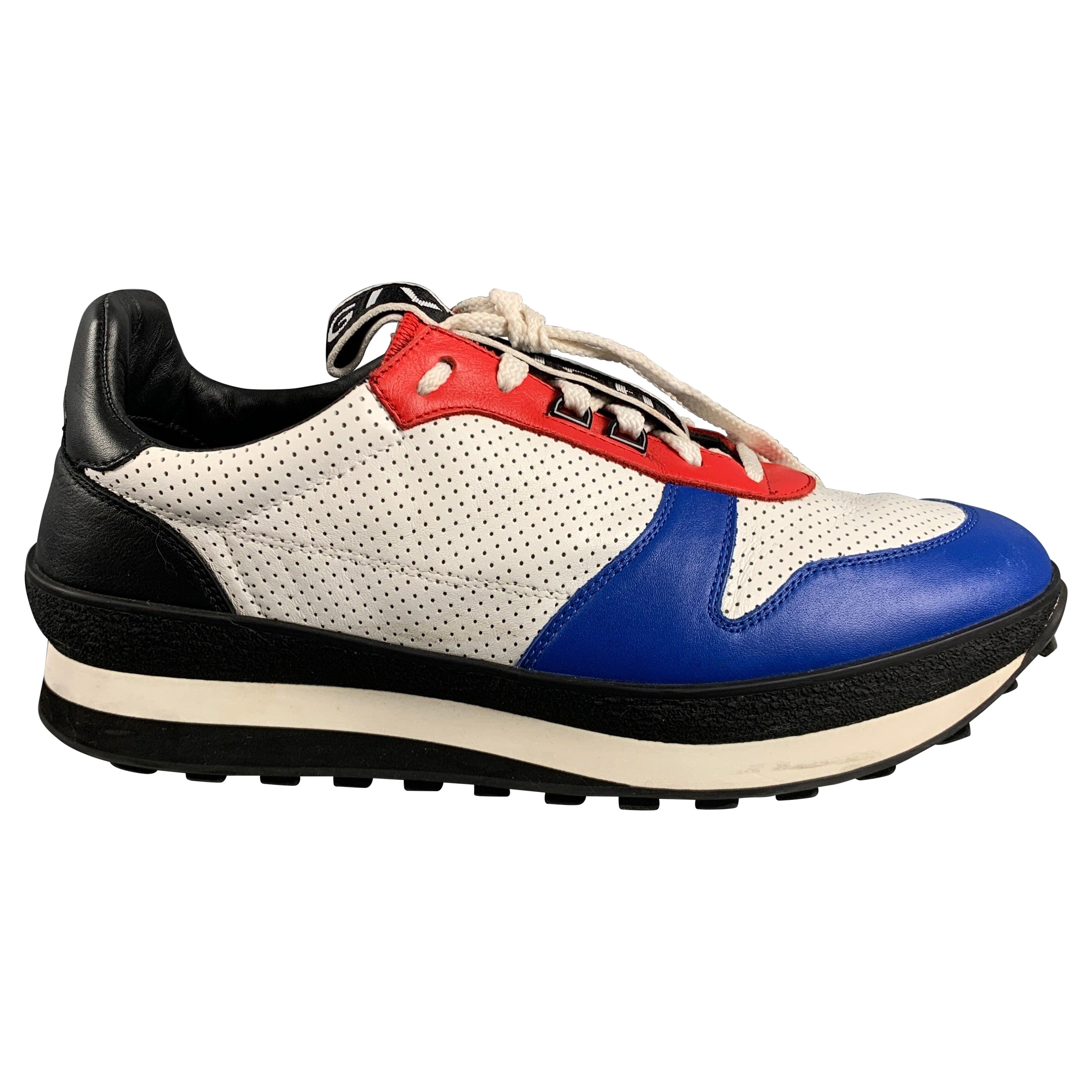 GIVENCHY Size 11 White Red & Blue Perforated Leather Sneakers For Sale