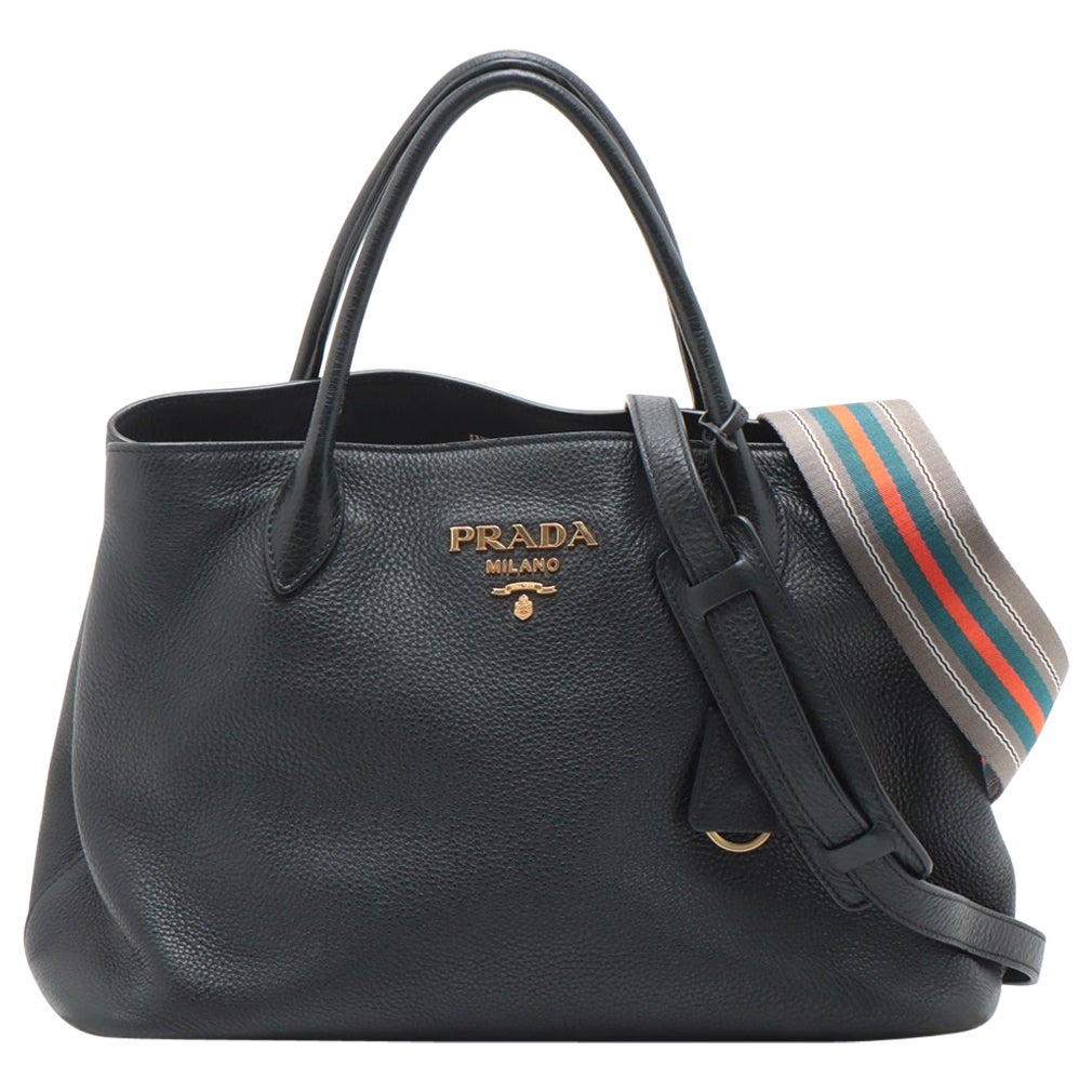 Prada Vitello Daino Leather Two - Way Handbag Black For Sale