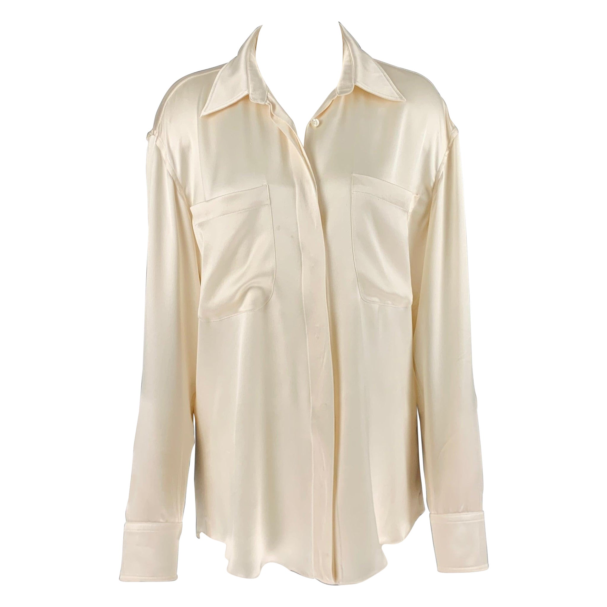 BALMAIN Size 8 Cream Silk Hidden Buttons Dress Top For Sale