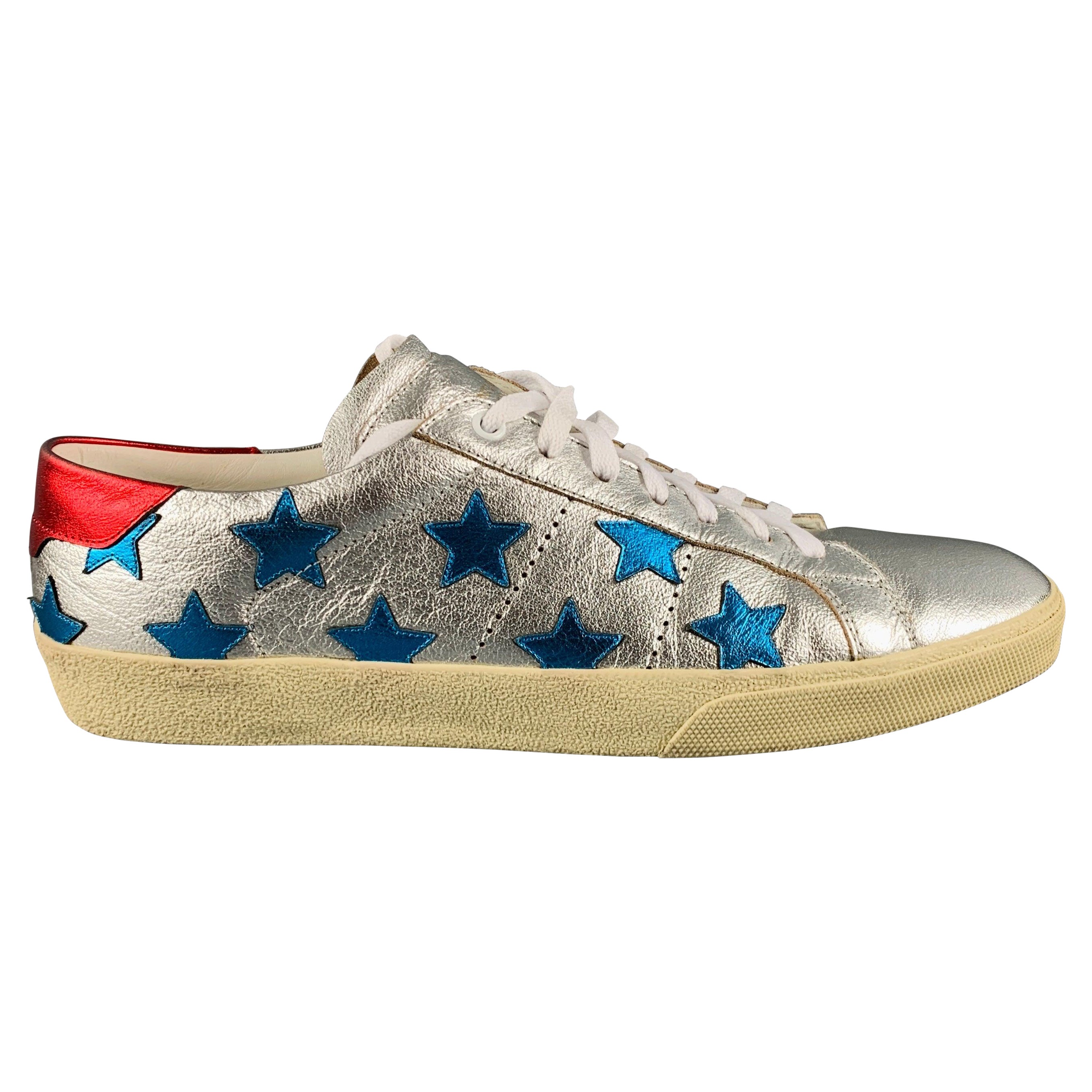 SAINT LAURENT Size 11 Silver Blue Stars Leather Low Top Sneakers For Sale