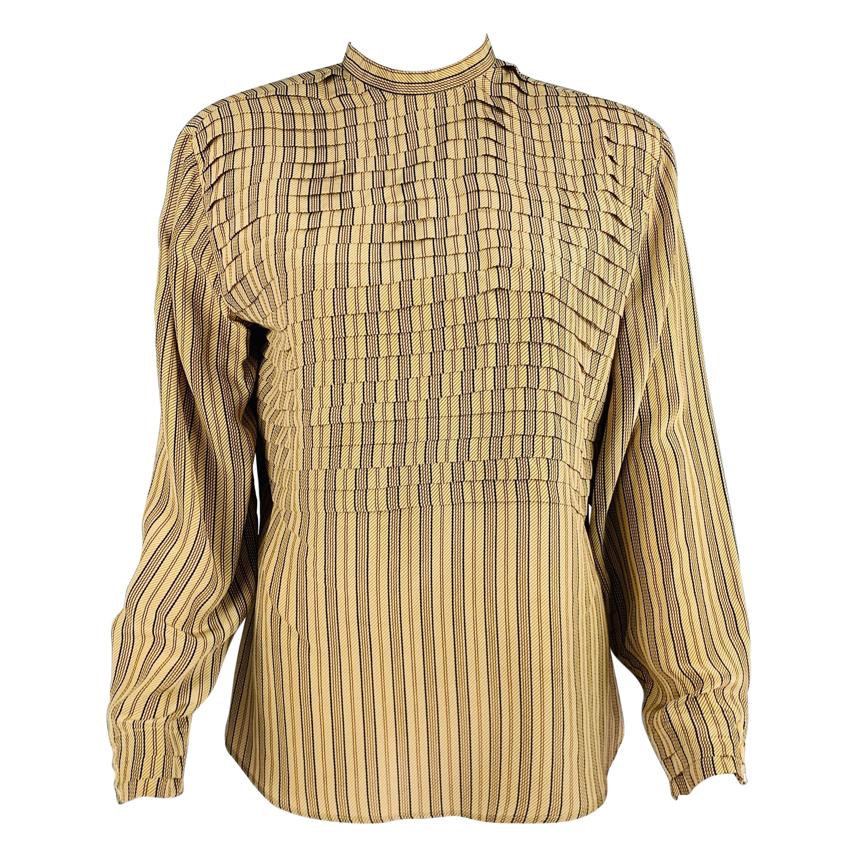 GIORGIO ARMANI Size 6 Beige Burgundy Silk Stripe Pleated Blouse For Sale