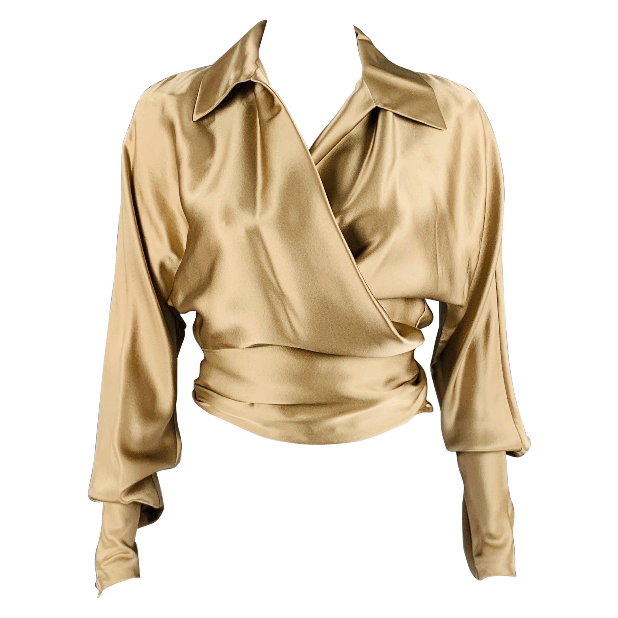 RALPH LAUREN Size 10 Champagne Silk Solid Wrap Around Blouse For Sale