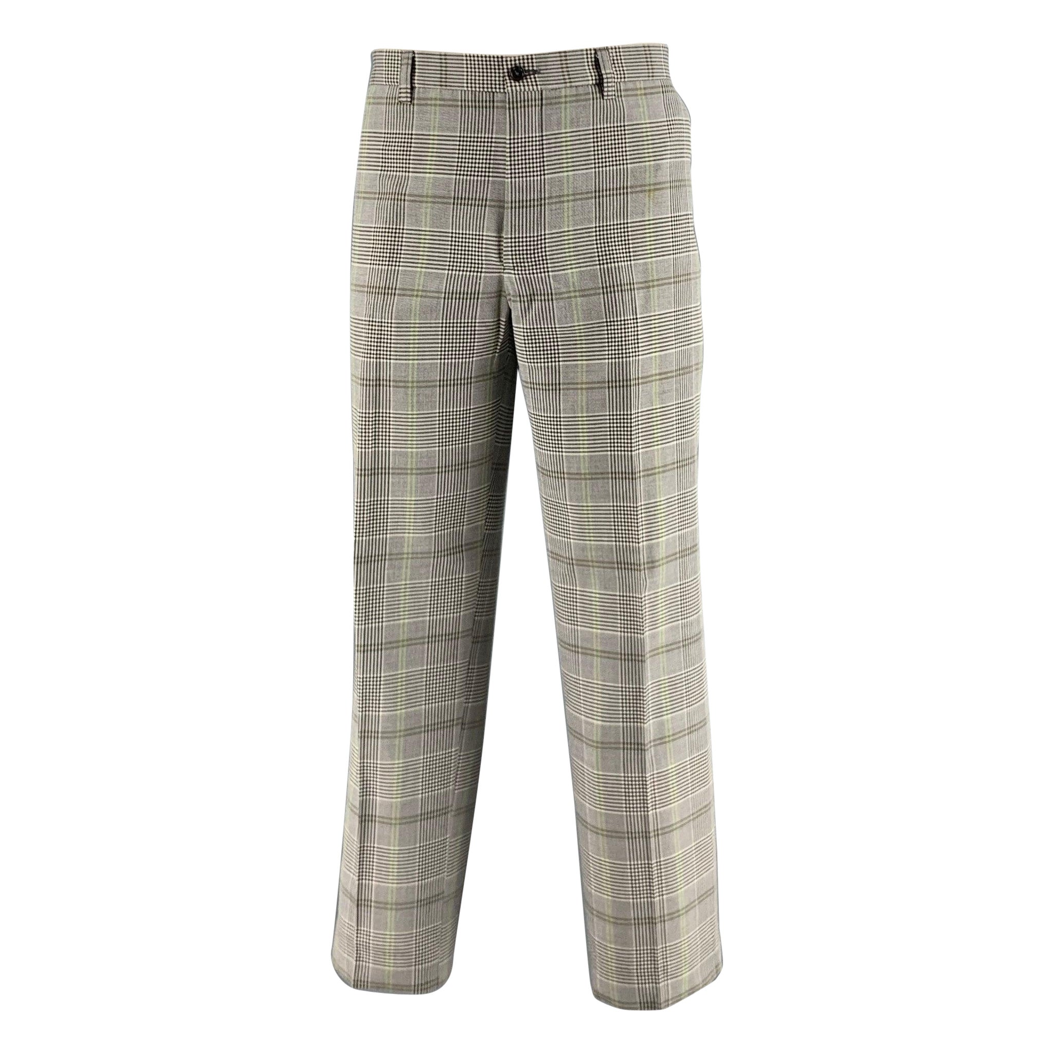 ETRO Size 36 White Black & Green Plaid Wool Cotton Zip Fly Dress Pants For Sale
