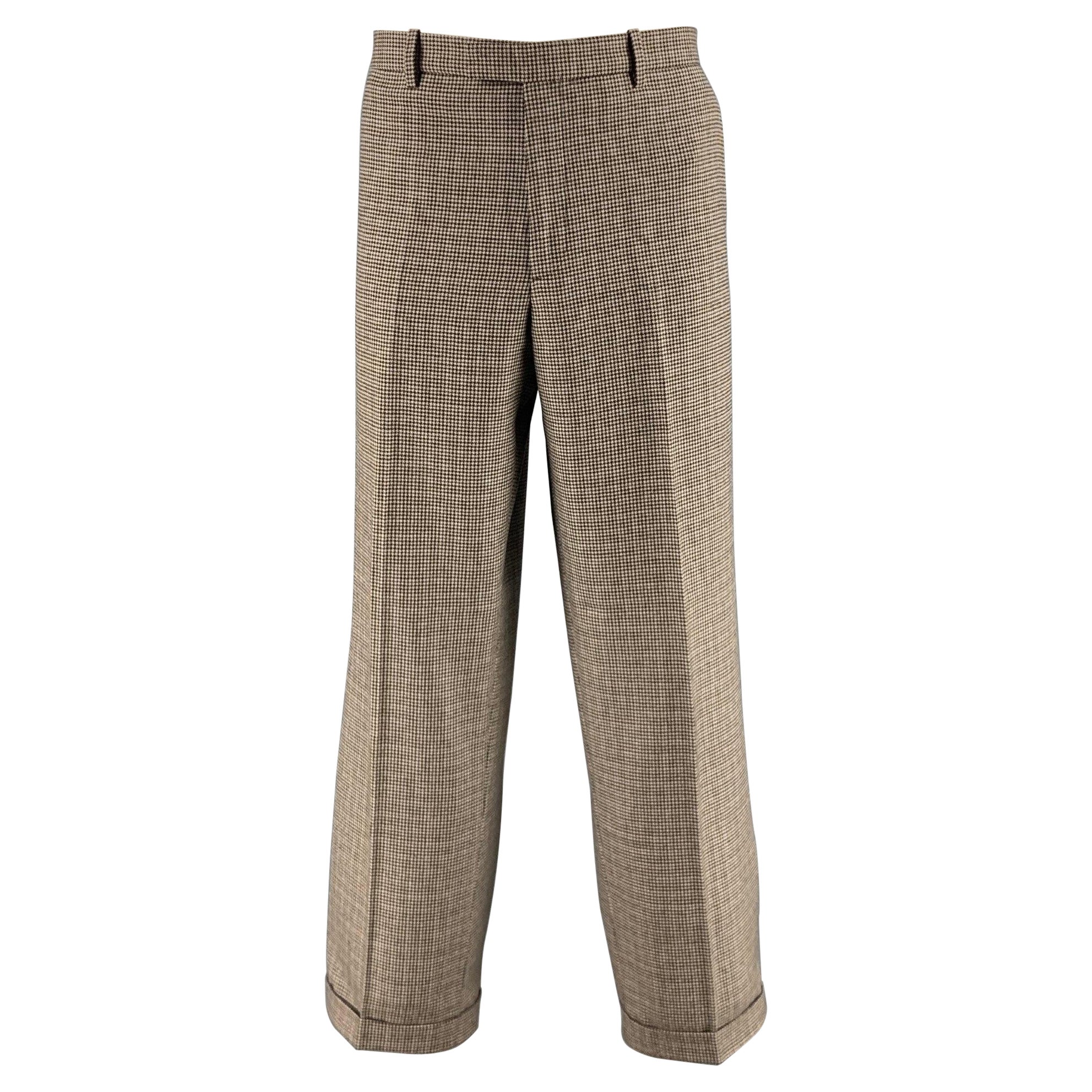 ETRO Size 36 Brown Oatmeal Houndstooth Wool Zip Fly Dress Pants For Sale