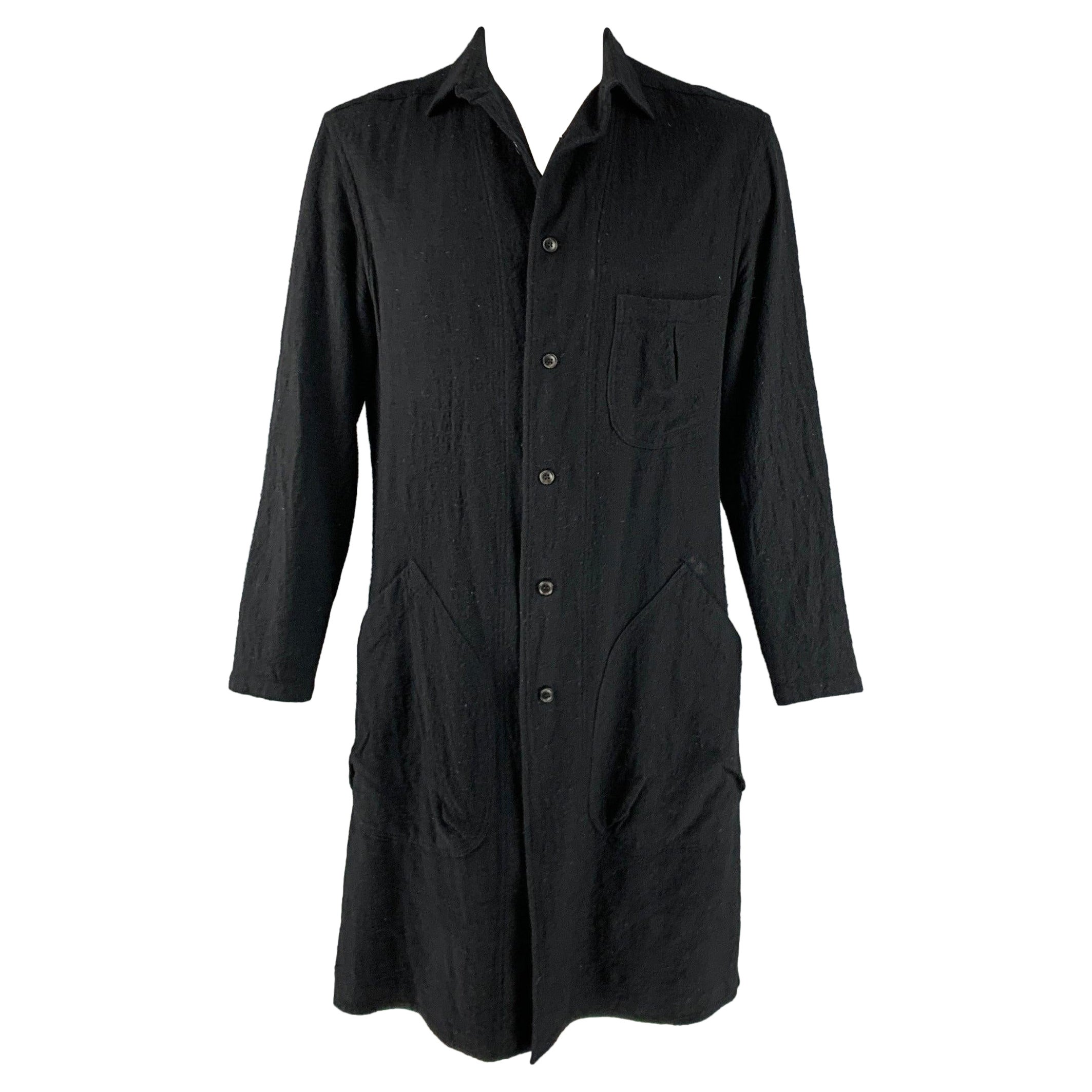 YOHJI YAMAMOTO Größe L Schwarzer Mantel aus Wolle mit Kontraststich und Patch-Taschen im Angebot