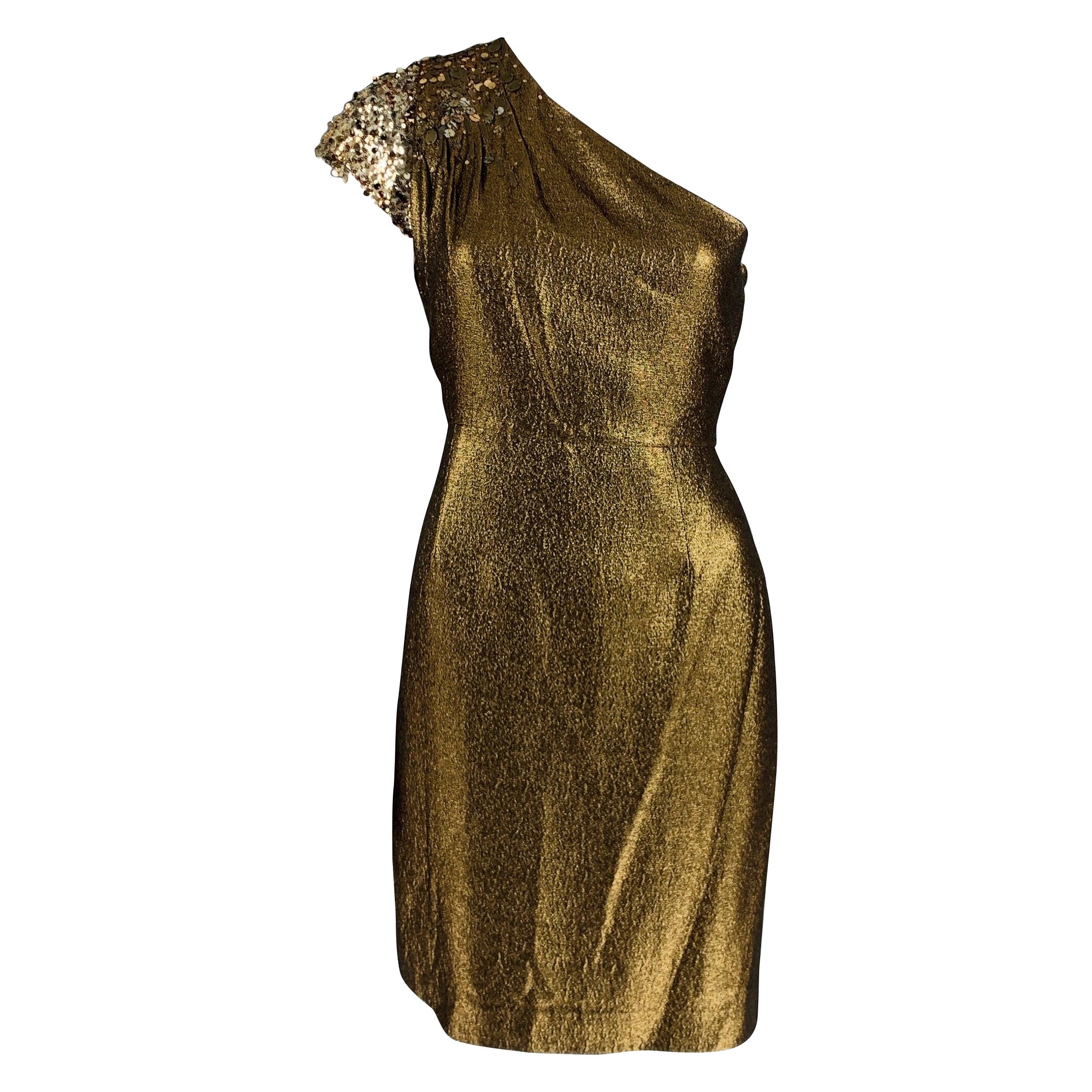 ELIE TAHARI Size 8 Gold Cotton Blend One Shoulder Cocktail Dress For Sale