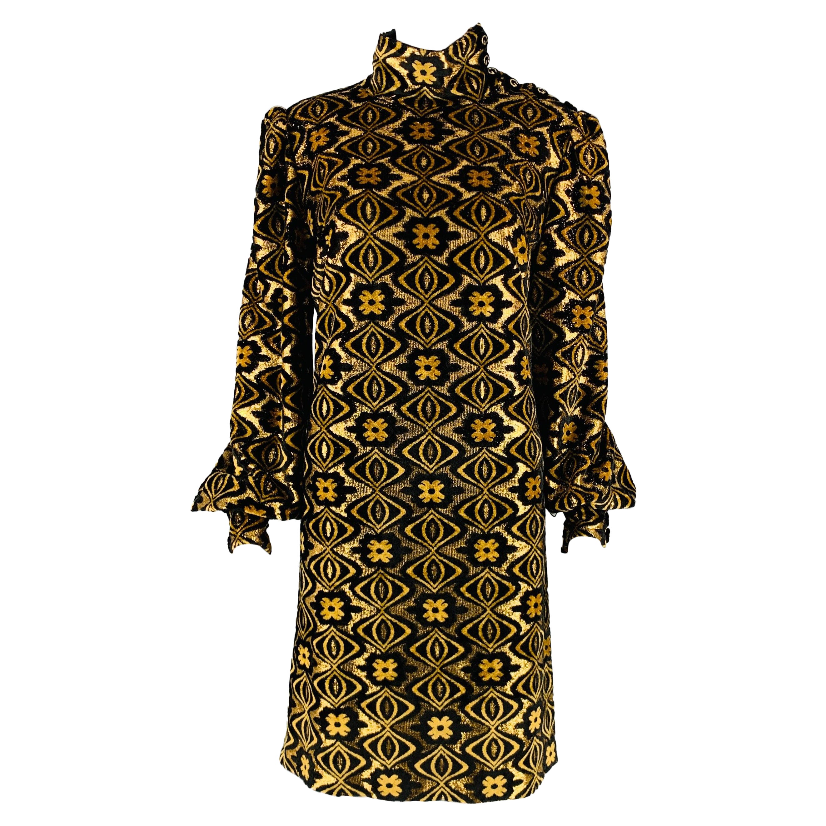 GUCCI Size XL Black Gold Viscose Blend Long Sleeve Cocktail Dress For Sale