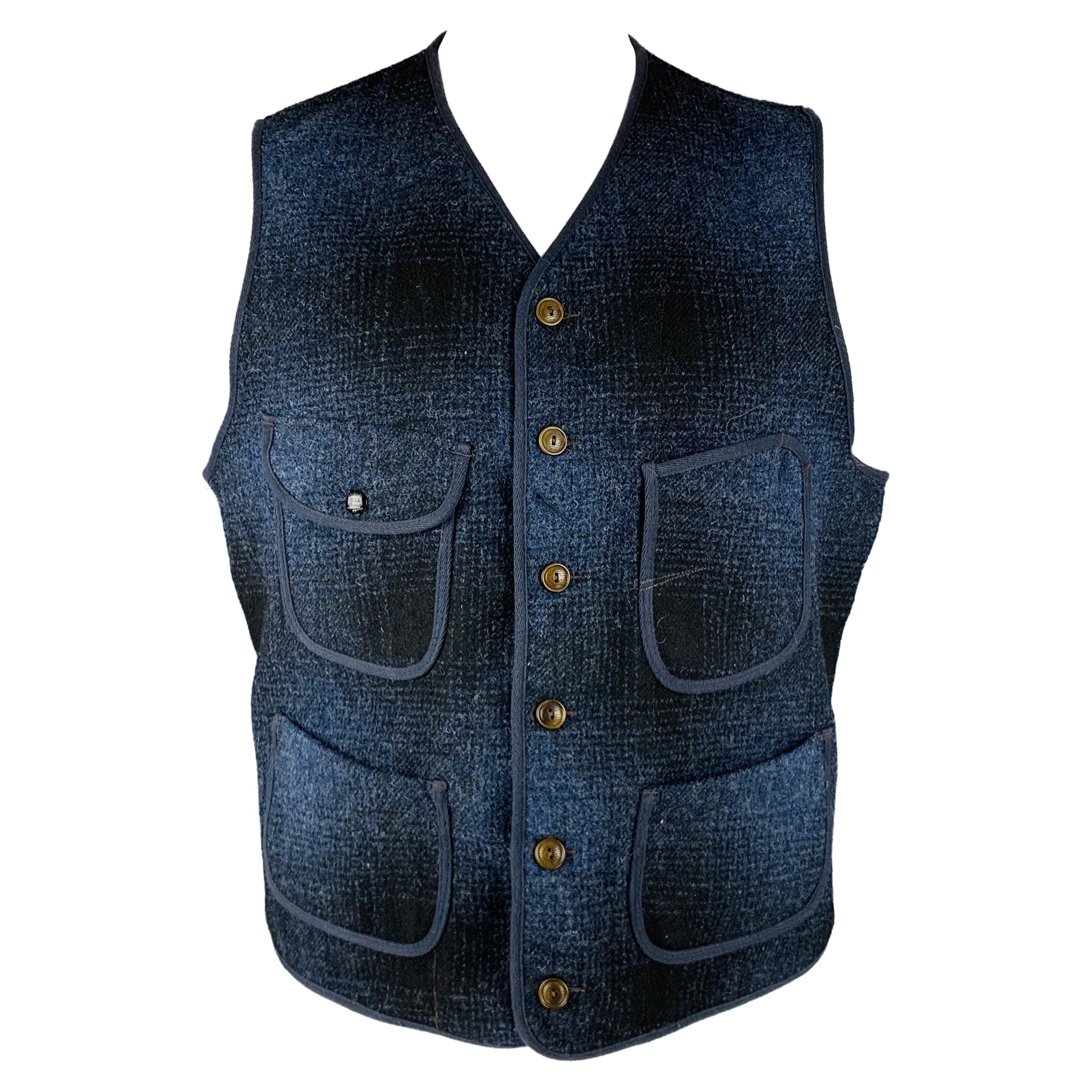 RRL by RALPH LAUREN Size XL Navy Blue Plaid Wool Vest For Sale