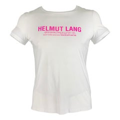 HELMUT LANG Size L White Pink Logo Cotton Crew Neck T-shirt