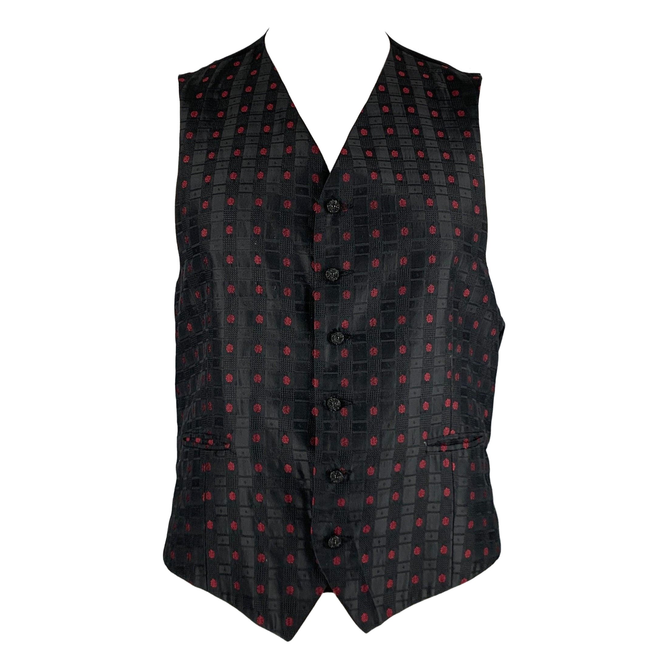 NEIMAN MARCUS Size XL Black Burgundy Jacquard Silk Buttoned Vest For Sale