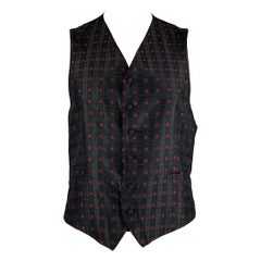 NEIMAN MARCUS Size XL Black Burgundy Jacquard Silk Buttoned Vest