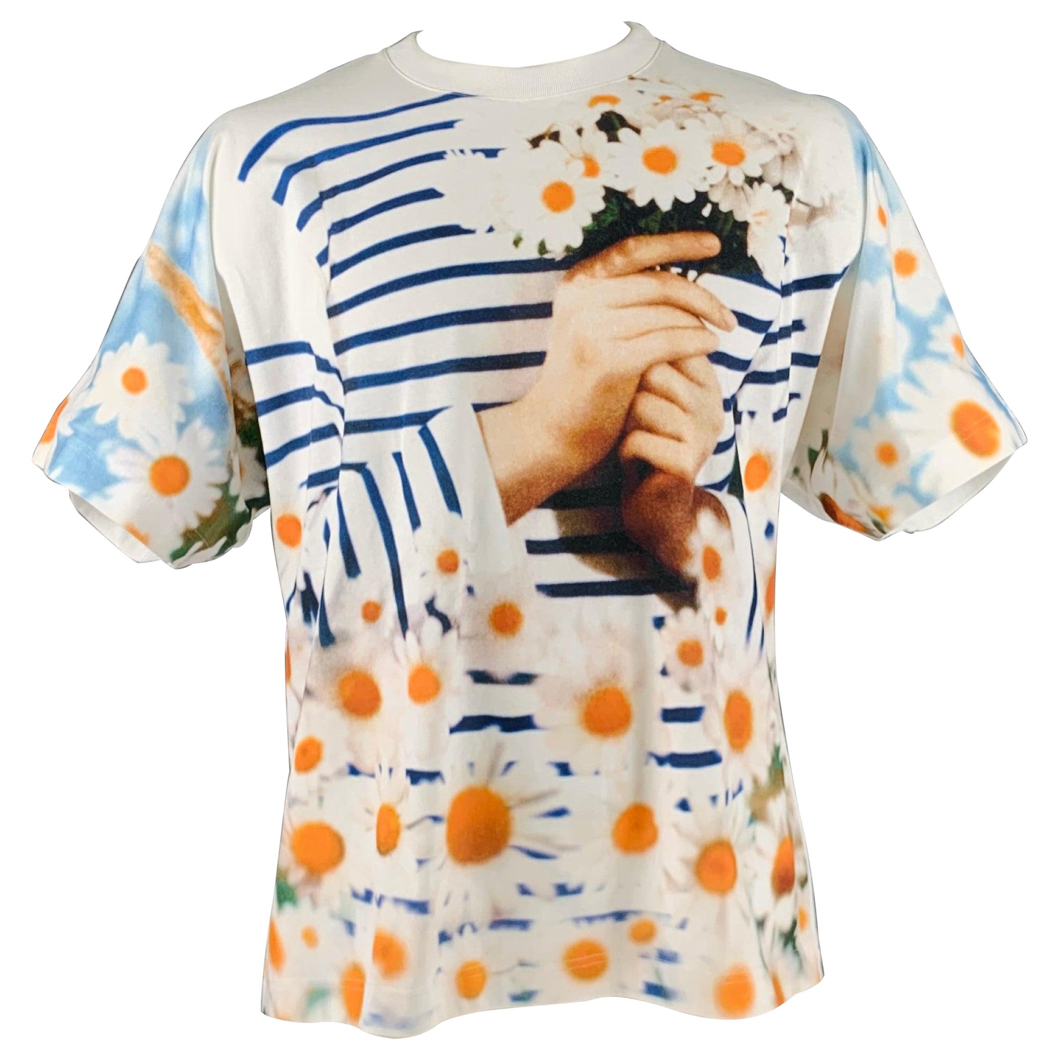 JEAN PAUL GAULTIER, T-shirt col ras du cou en coton imprimé multicolore blanc, taille XL en vente