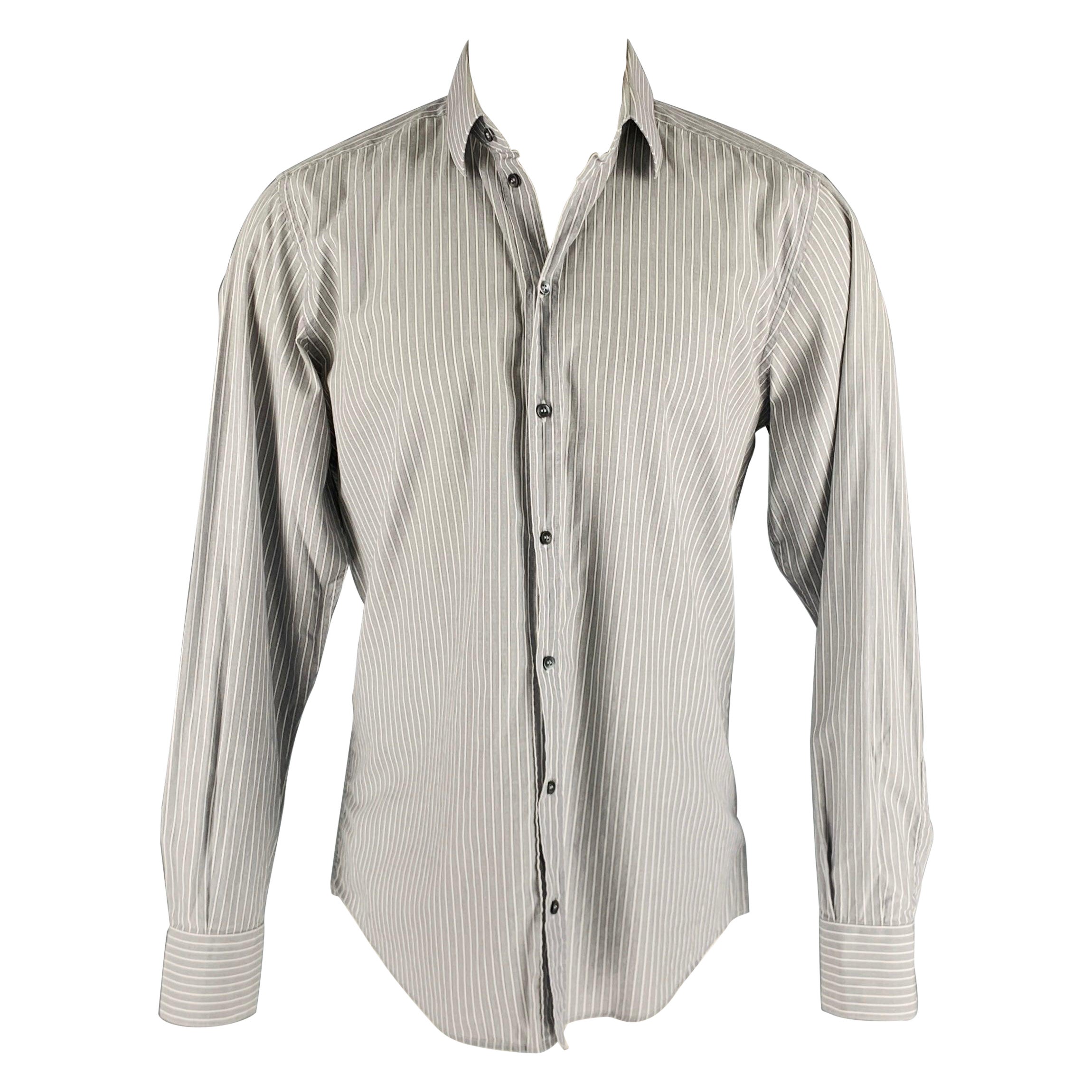 DOLCE & GABBANA Size M Grey White Stripe Cotton Button Up Long Sleeve Shirt For Sale