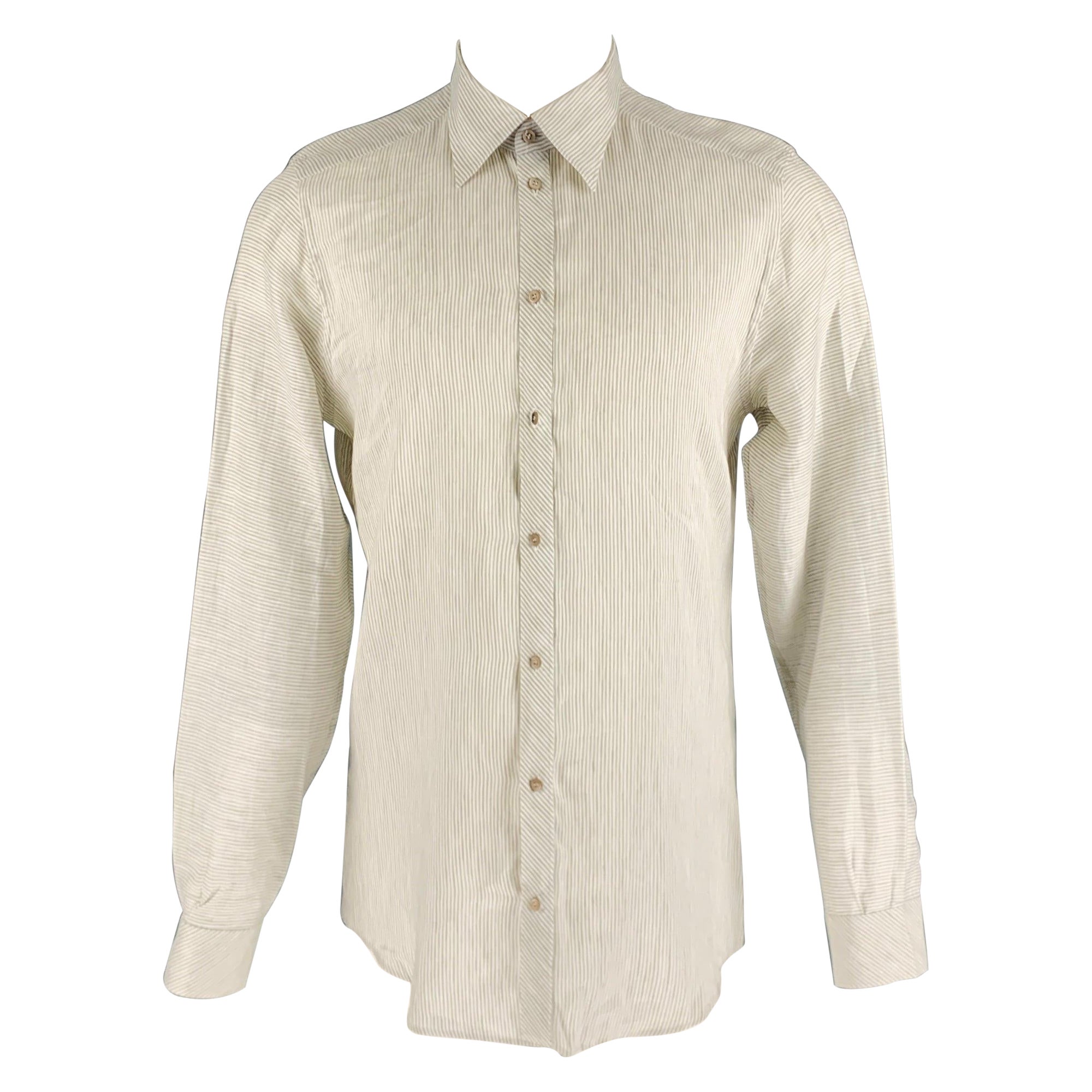 DOLCE & GABBANA Size M White Beige Stripe Linen Cotton Long Sleeve Shirt For Sale
