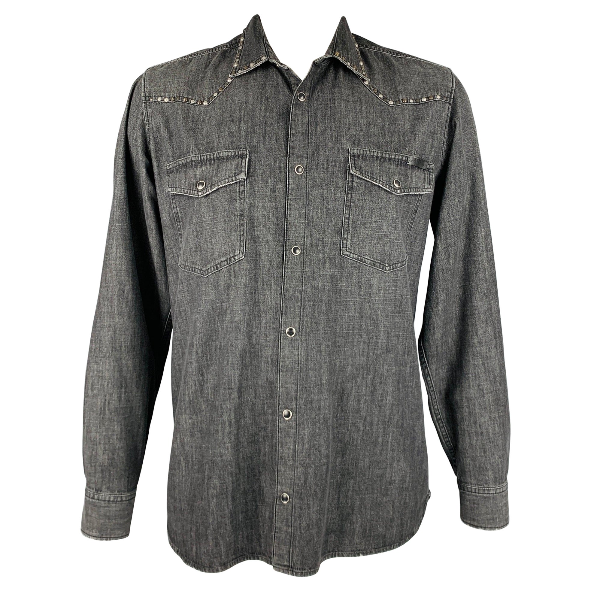 GOLDEN GOOSE Size XL Grey Studded Cotton Western Long Sleeve Shirt For Sale