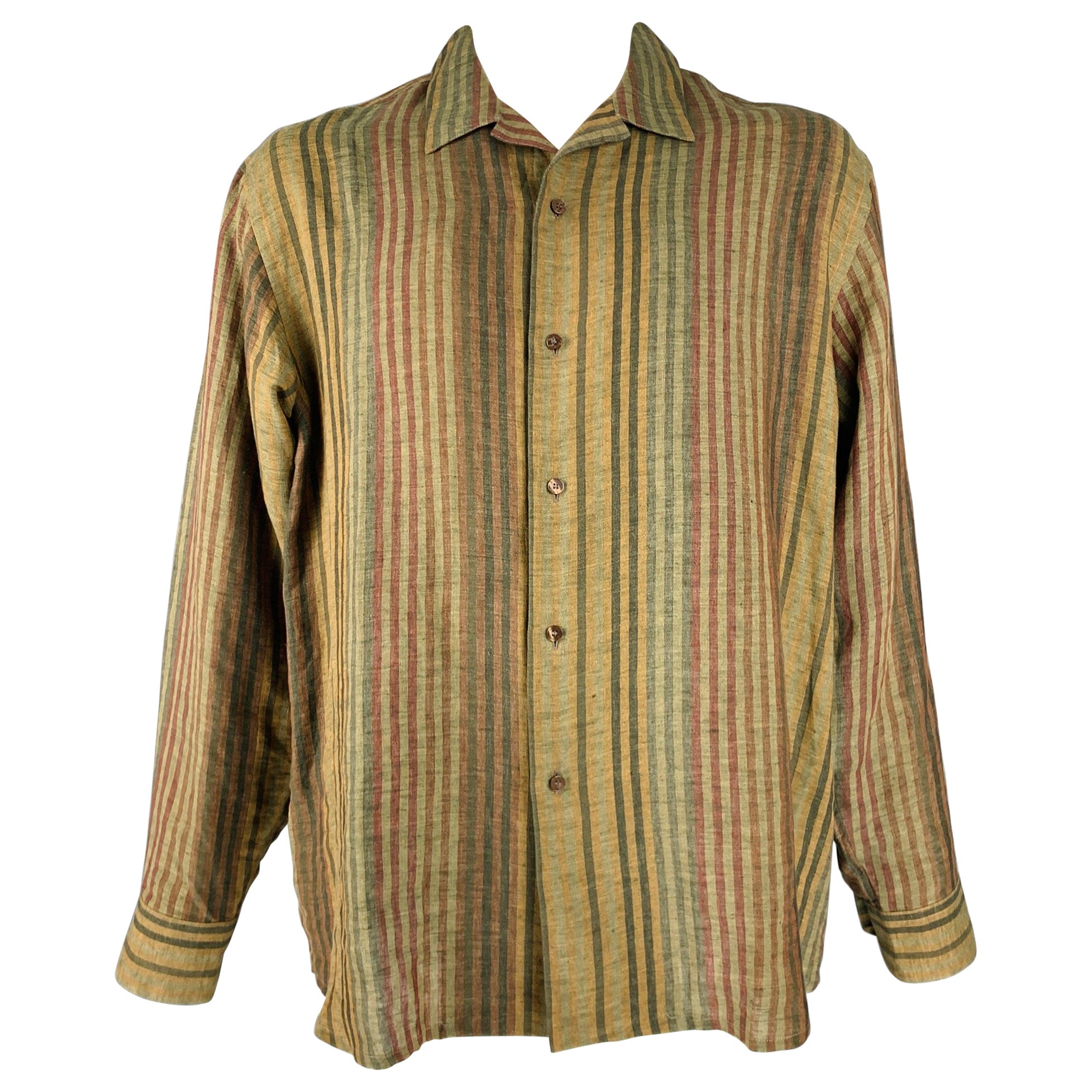 ETRO Size XL Burgundy Green Stripe Linen Oversized Long Sleeve Shirt For Sale