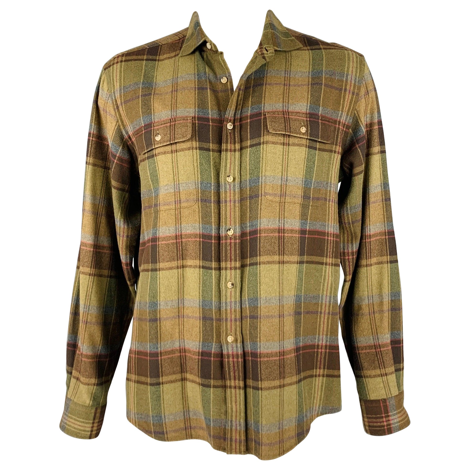 RALPH LAUREN Size XL Brown Green Plaid Cotton Elbow Patches Long Sleeve Shirt For Sale