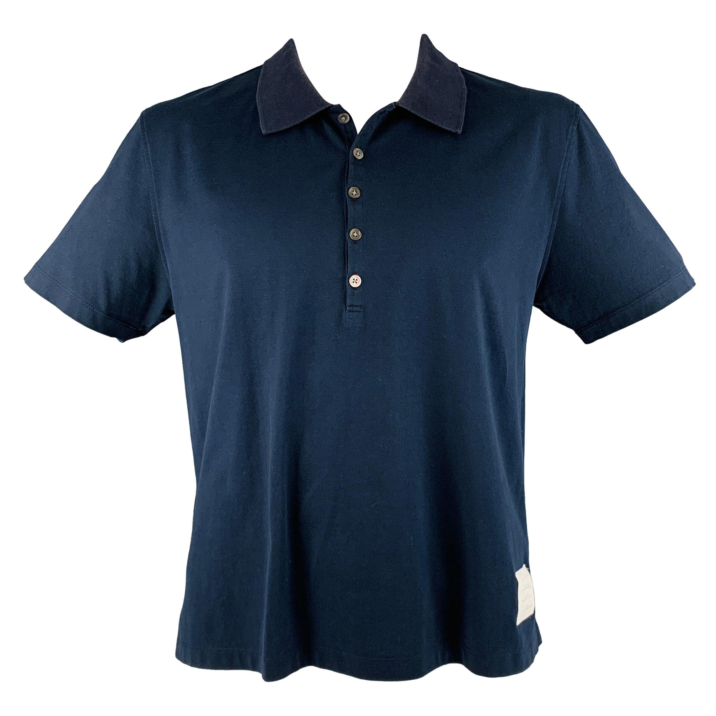 THOM BROWNE Size XL Navy Cotton Long placket Polo For Sale