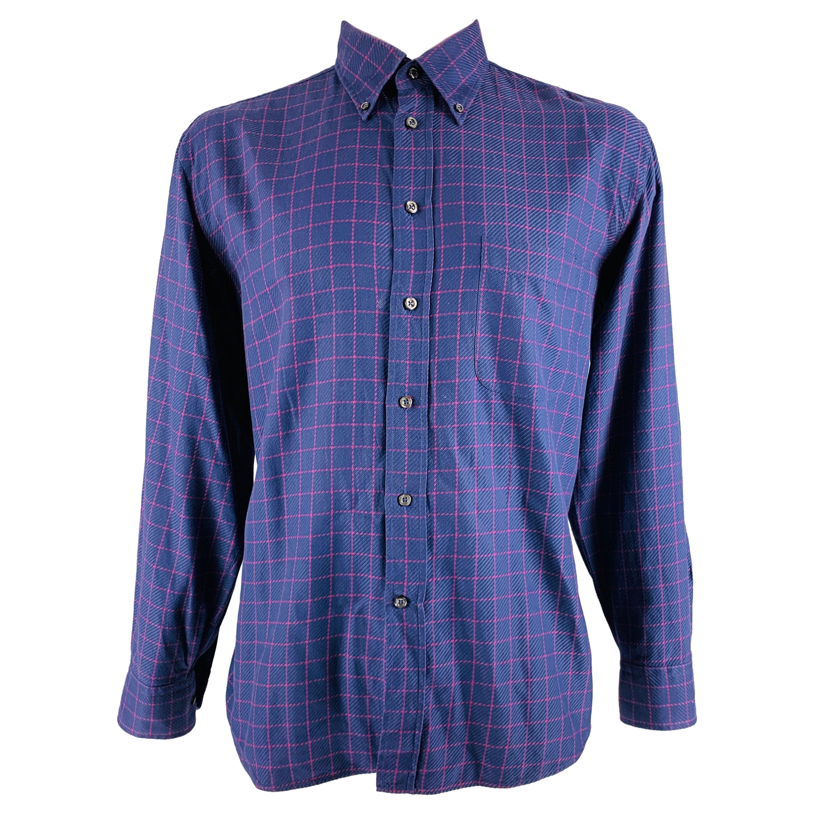CANALI Size L Purple Fuchsia Window Pane Cotton One pocket Long Sleeve Shirt For Sale