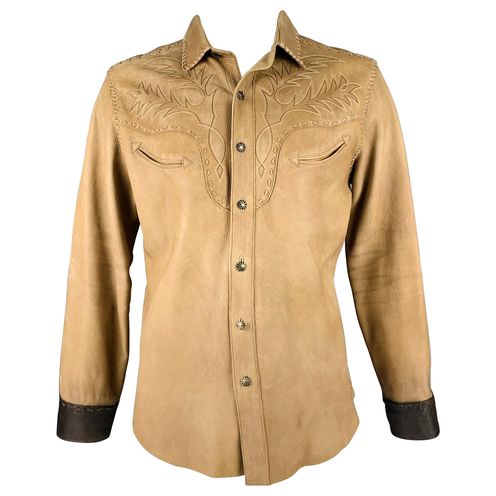 RALPH LAUREN Size L Tan Brown Embroidery Leather Western Long Sleeve Shirt For Sale