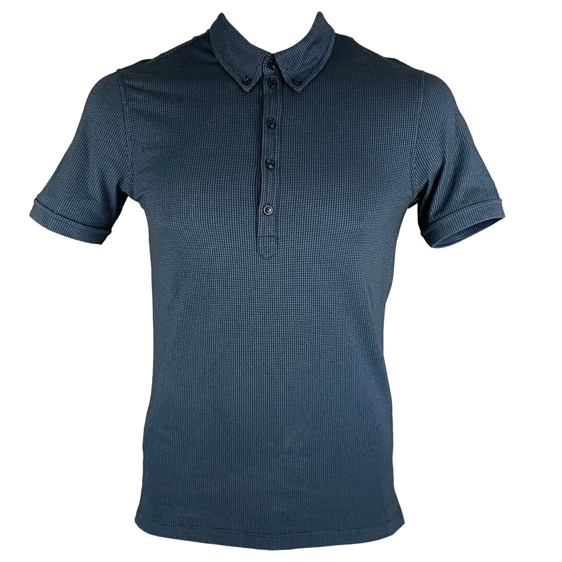 ARMANI COLLEZIONI Size XL Black Blue Nailhead Cotton Blend Long Placket Polo For Sale