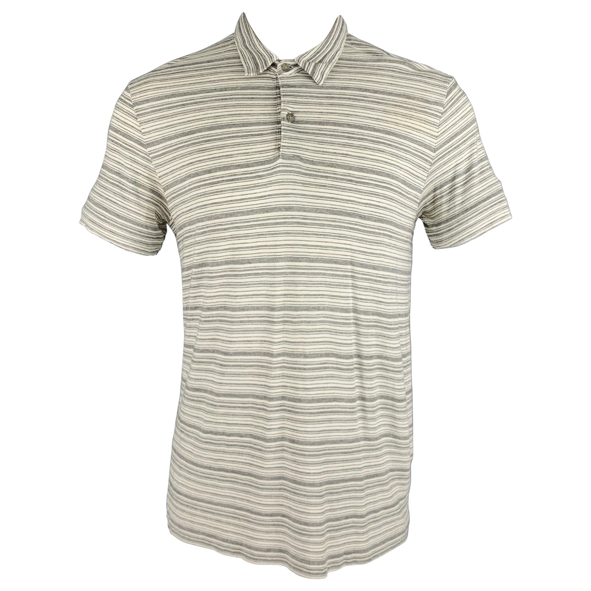 THEORY Size M White Grey Stripe Viscose Blend Short Sleeve Polo For Sale