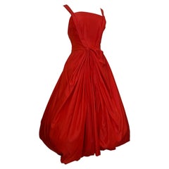1950s Suzy Perette Red Silk Taffeta Cocktail Dress w Full Draped Skirt