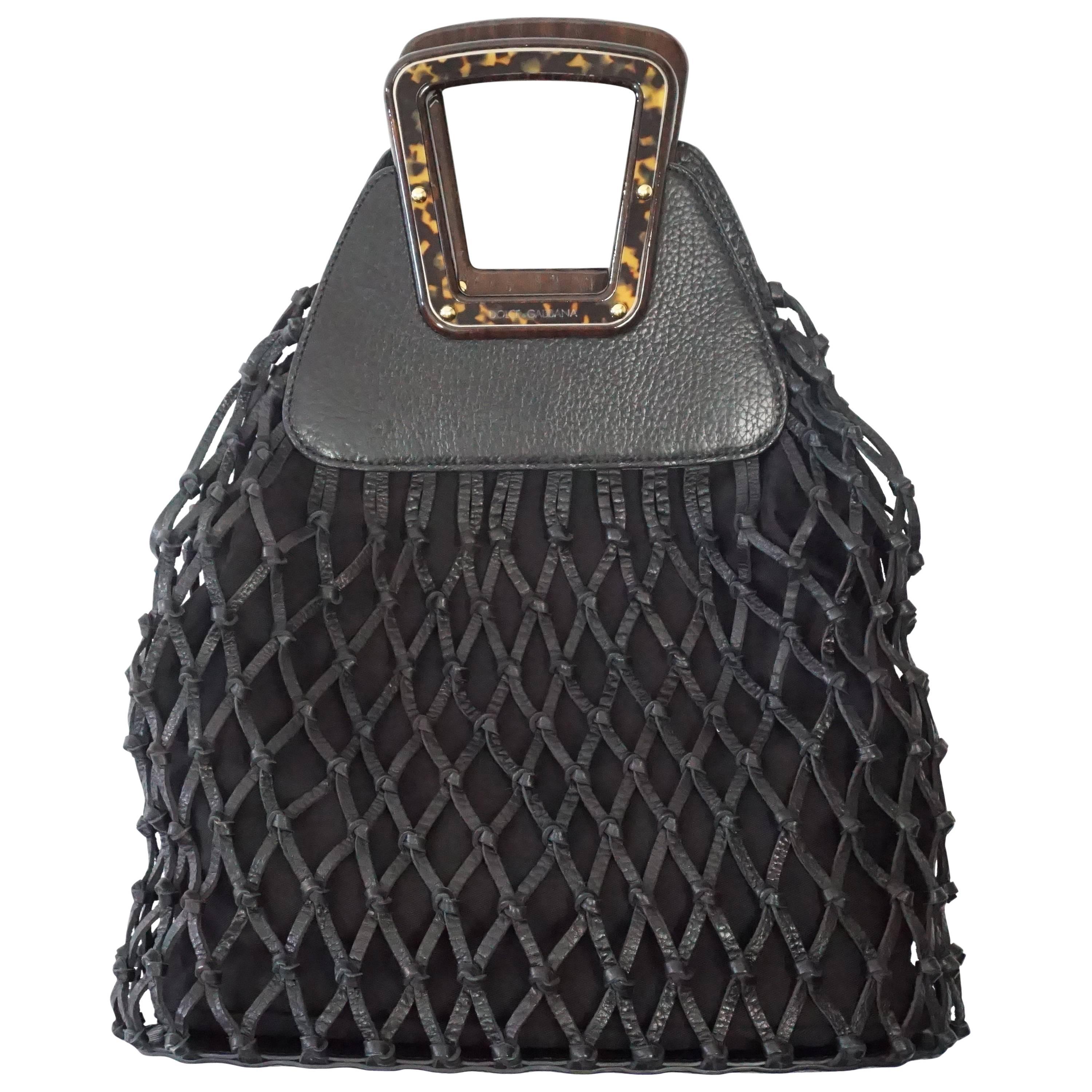 Dolce and Gabbana Black Woven Leather Tote with Tortoise Wood Handle at ...