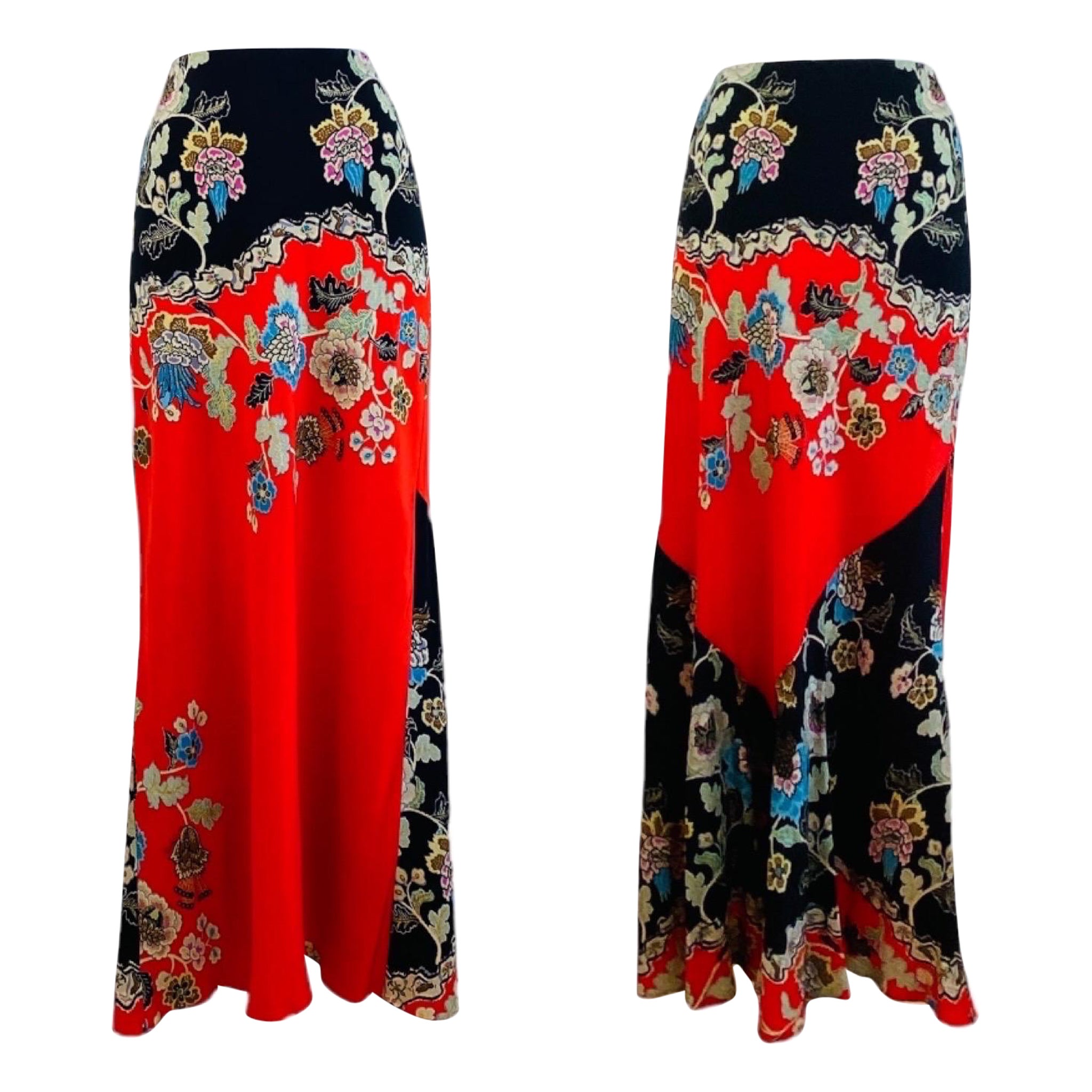 Vintage Roberto Cavalli S/S 2003 Chinoiserie Black + Red Floral Maxi Skirt For Sale
