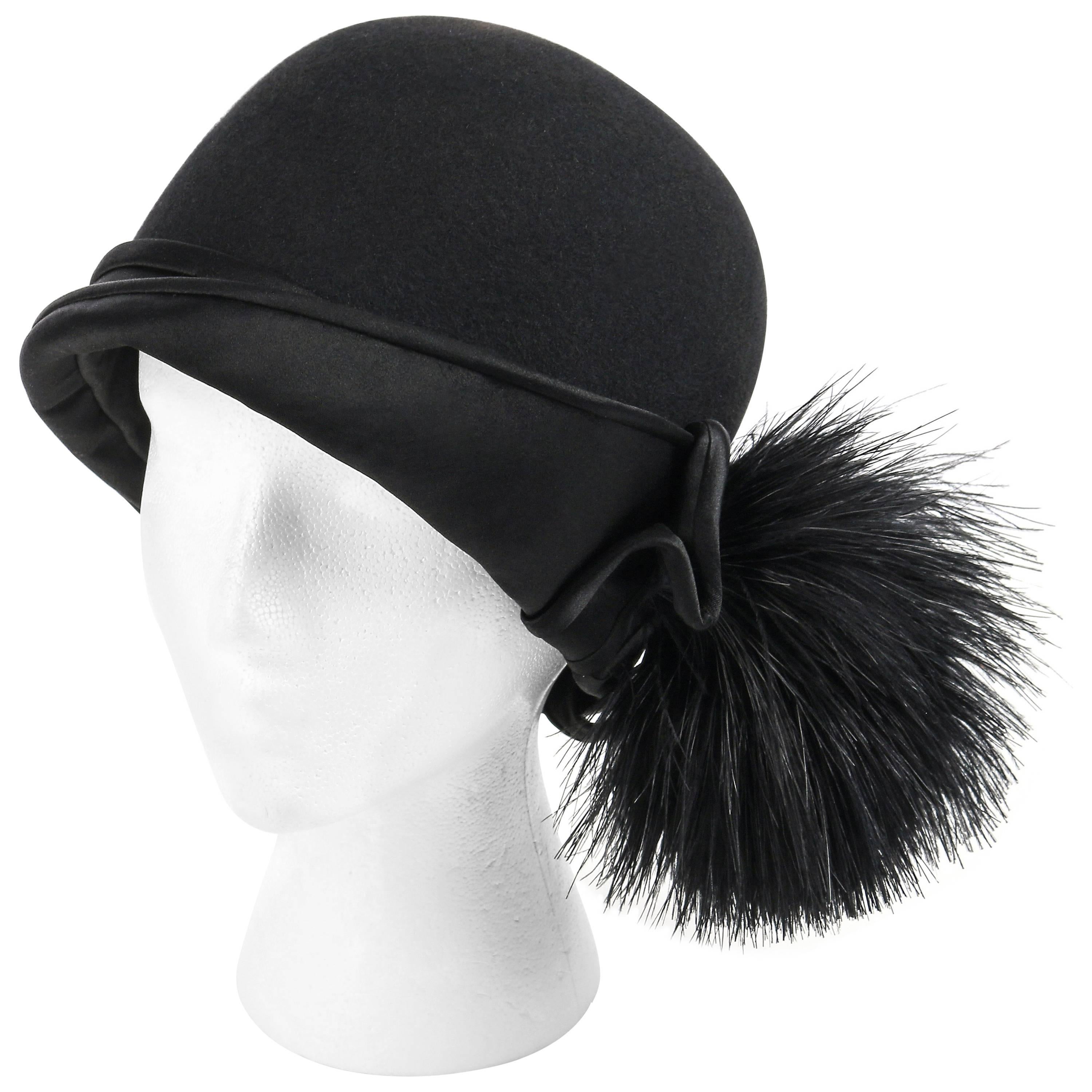 BELART Paris c.1920's Black Wool Felt Satin Feather Pom Pom Flapper Cloche Hat