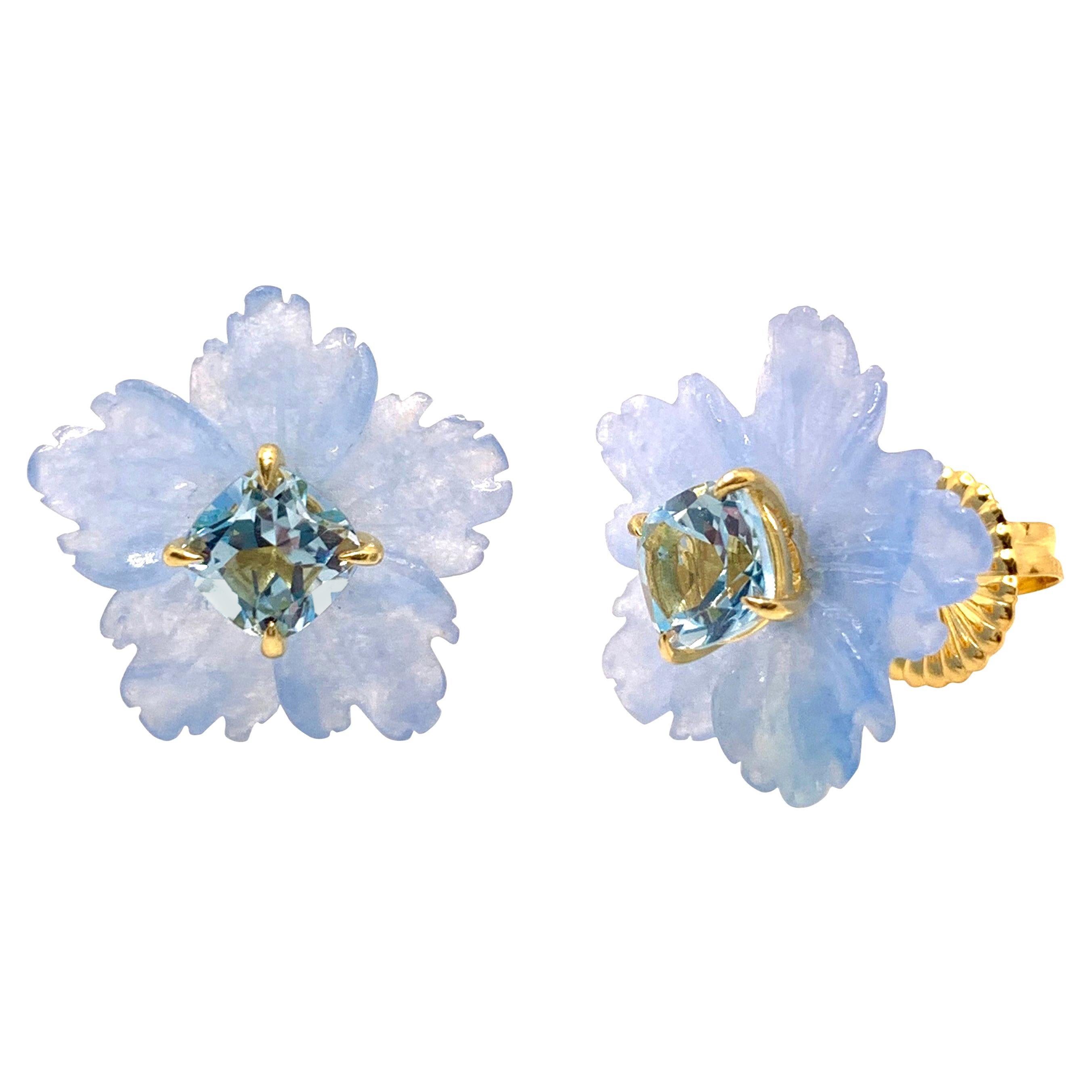 18mm Carved Blue Quartzite Flower and Cushion Blue Topaz Vermeil Earrings For Sale