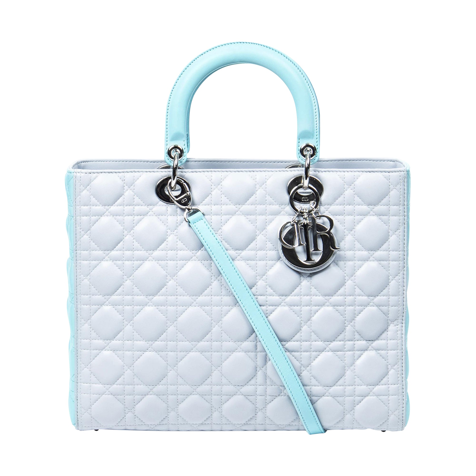 Dior Light Gray/Light Turquoise Large Bicolor Lady Dior For Sale