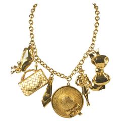 Chanel XL Charm Necklace - Gold Pendant Bag Hat Bow Chain Choker CC Logo Vintage