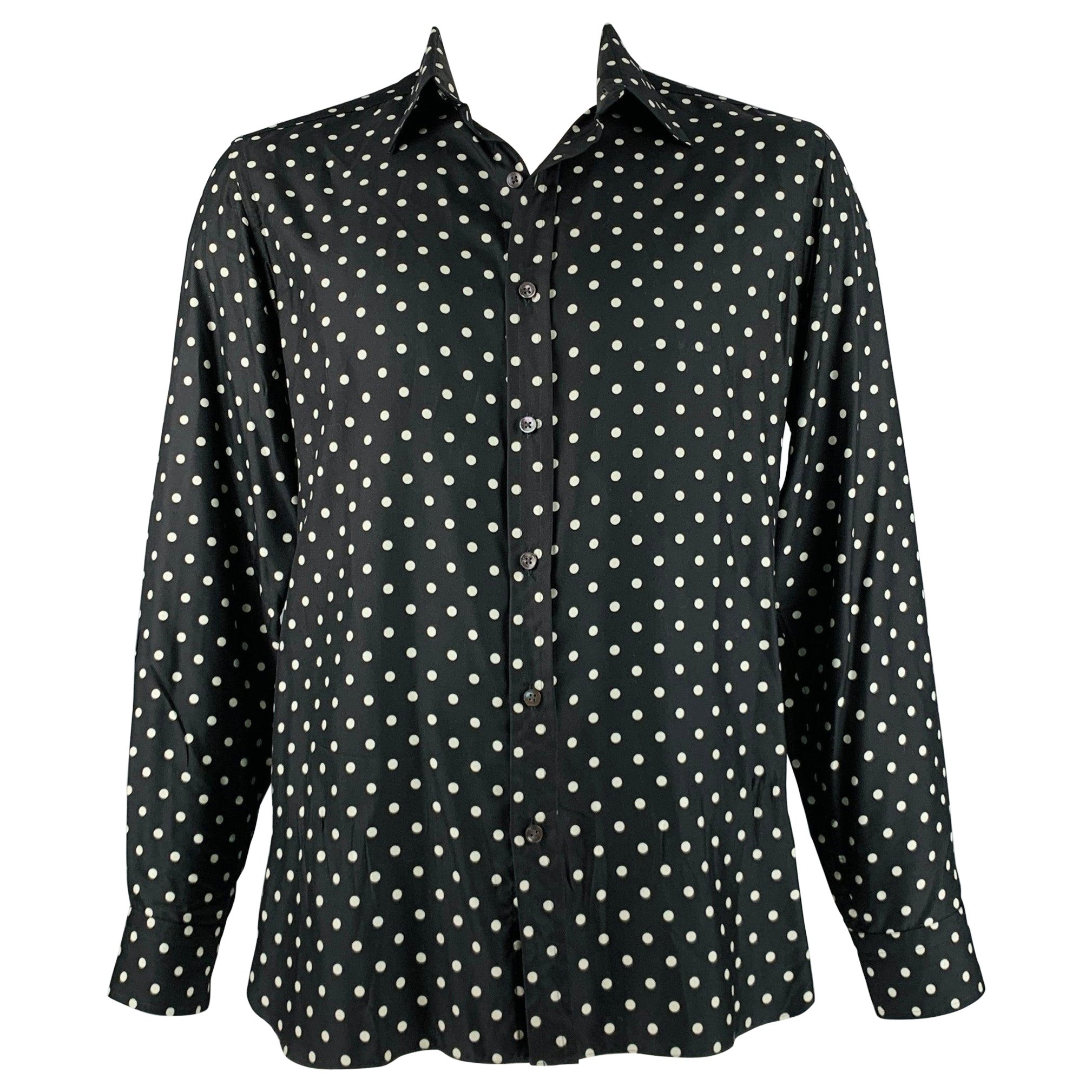RALPH LAUREN Size L Black White Polka Dot Silk Button Up Long Sleeve Shirt For Sale
