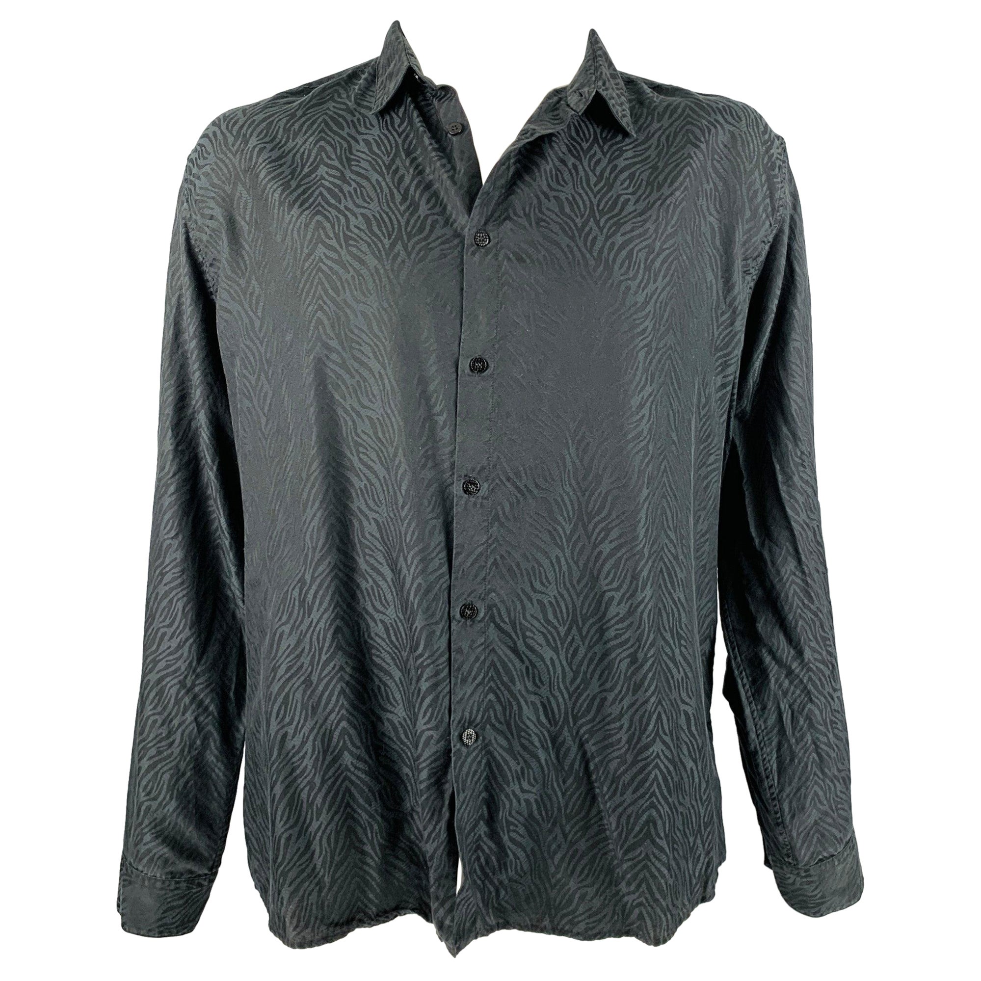ROBERTO CAVALLI Size XL Black Animal Print Cotton Silk Long Sleeve Shirt For Sale