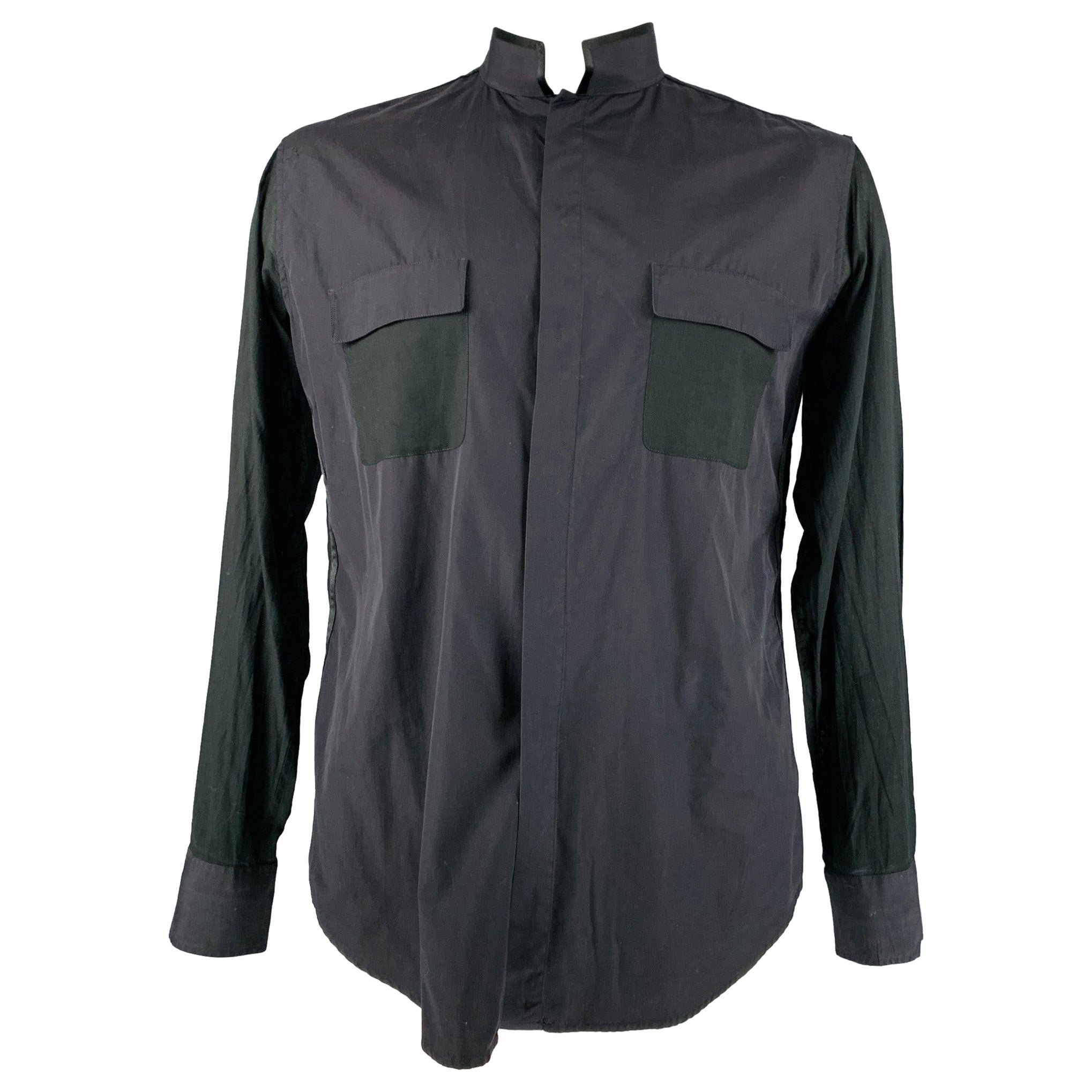 YVES SAINT LAURENT Size XL Black Cotton Nehru Collar Long Sleeve Shirt For Sale