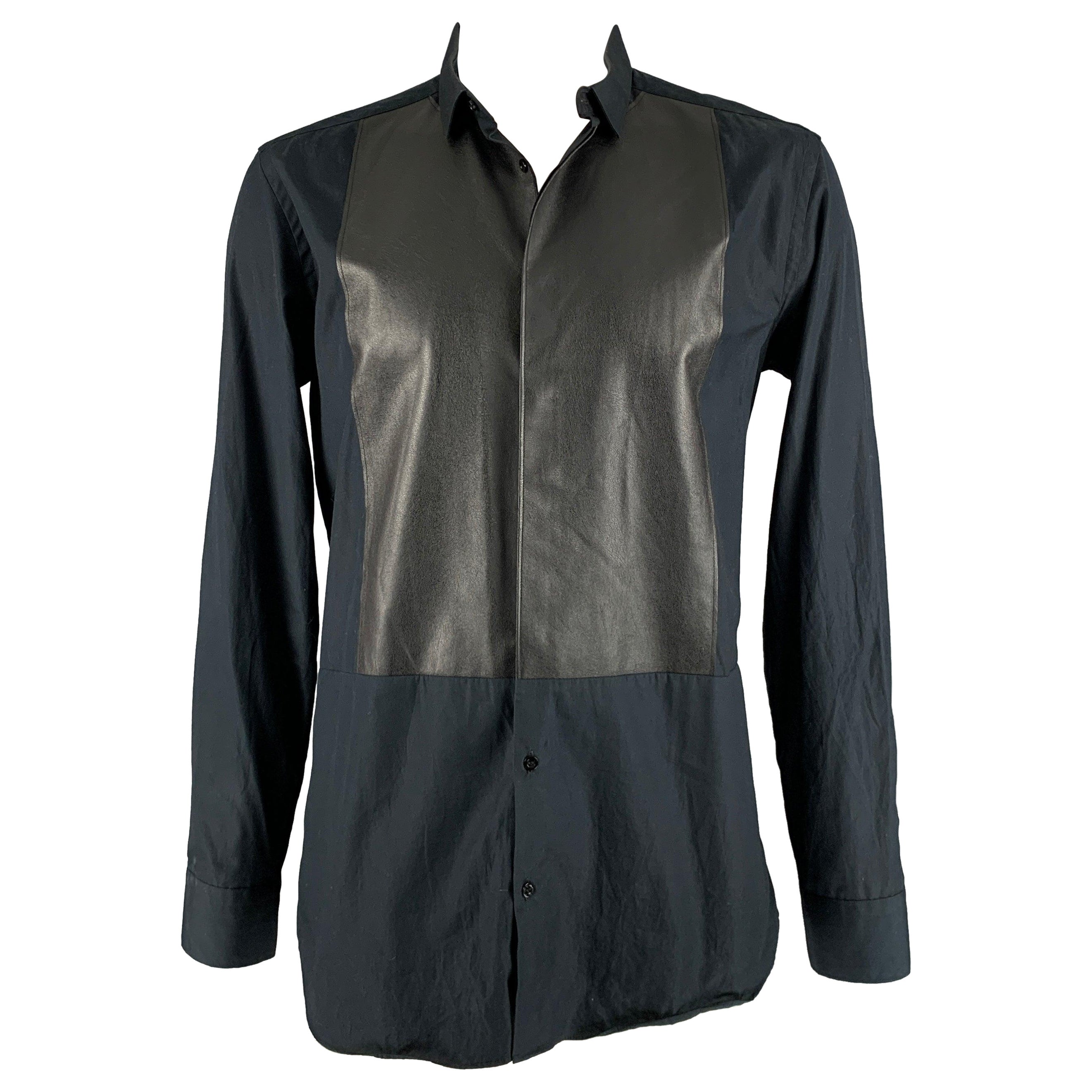 NEIL BARRETT Size L Black Mixed Fabrics Cotton Button Up Long Sleeve Shirt For Sale