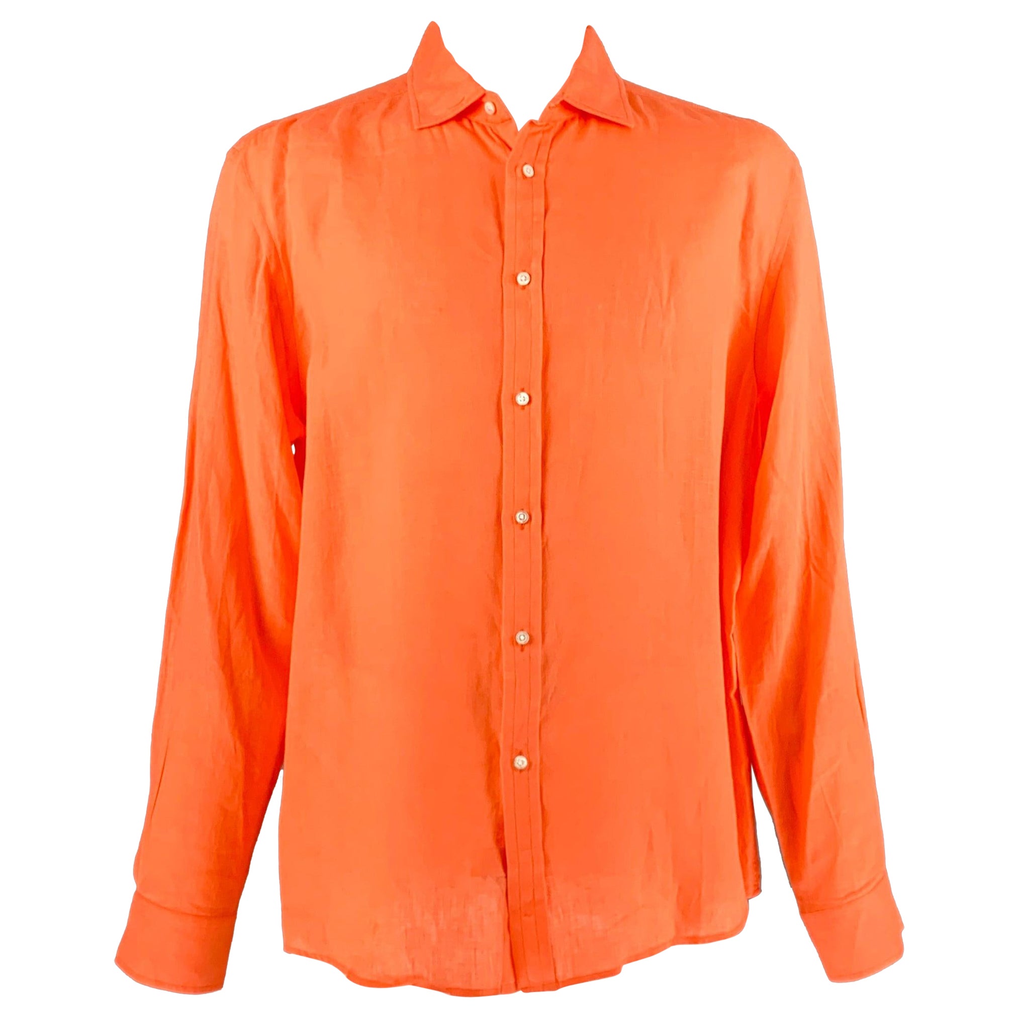 RALPH LAUREN Size XXL Orange Linen Spread Collar Long Sleeve Shirt For Sale