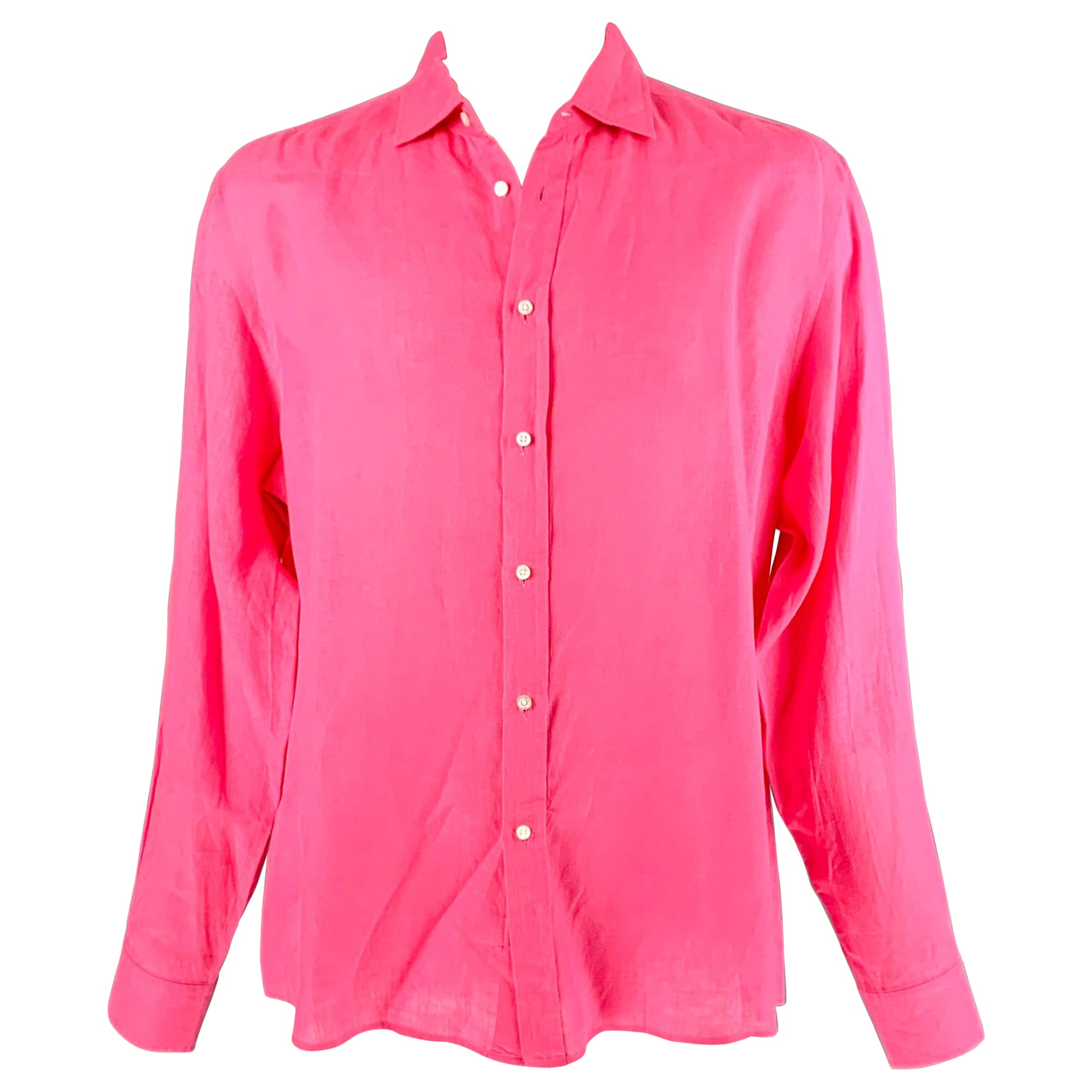 RALPH LAUREN Size XXL Pink Linen Spread Collar Long Sleeve Shirt For Sale