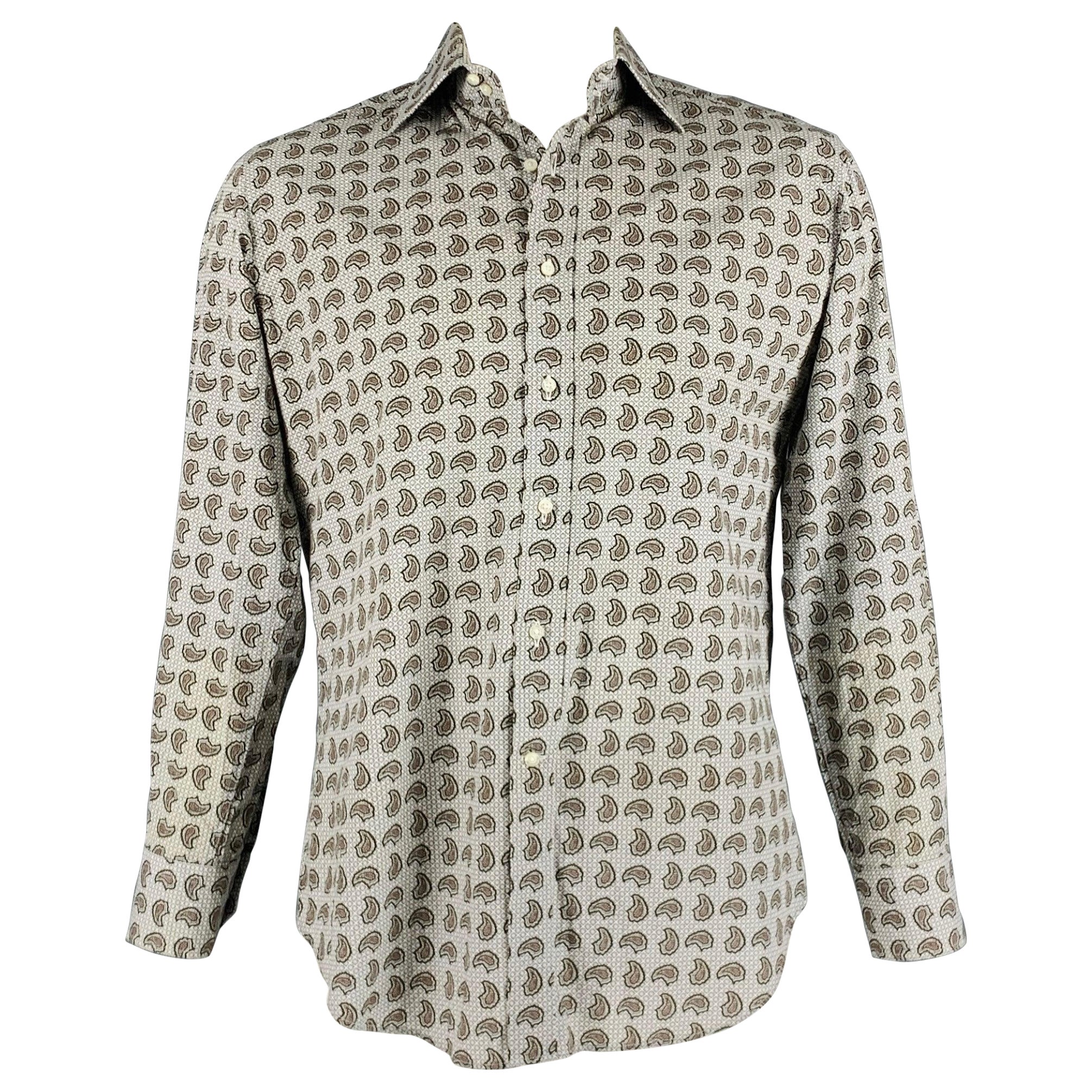 ETRO Size L Grey Brown Paisley Cotton Button Up Long Sleeve Shirt For Sale