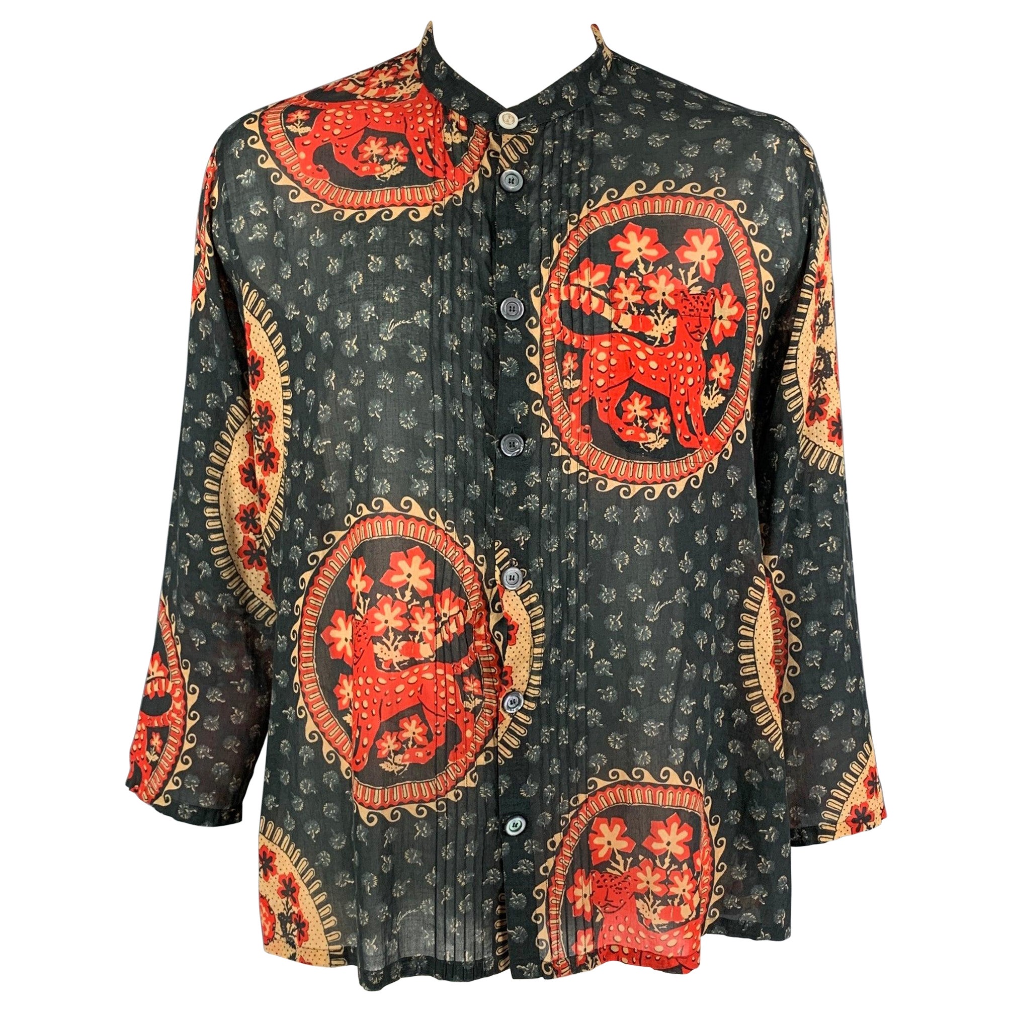GUCCI Size L Gray Red Khaki Print Cotton Nehru Collar Long Sleeve Shirt For Sale