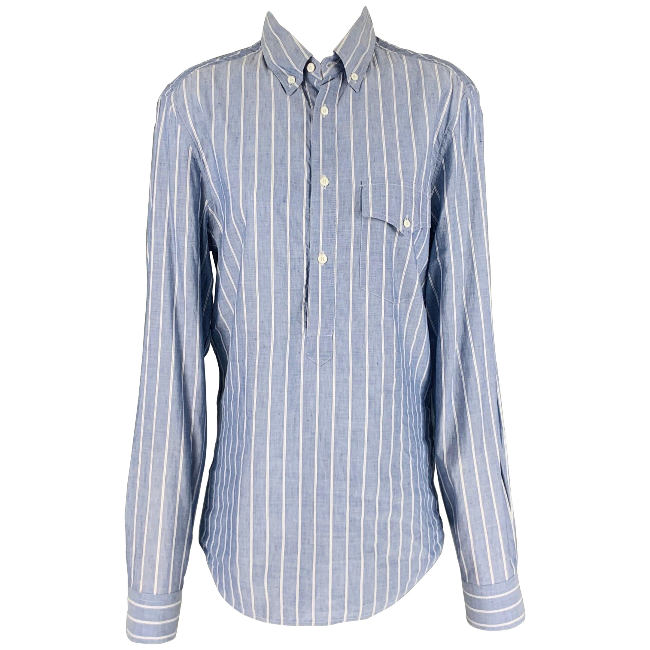 BRUNELLO CUCINELLI Size S Blue White Stripe Long Placket Long Sleeve Shirt For Sale
